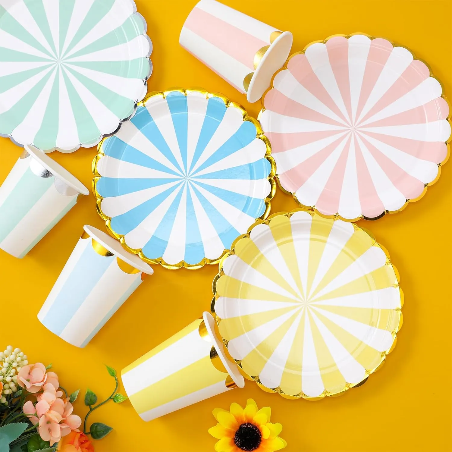 CHENGU Disposable Plates for Party Disposable Dinnerware Set Include 7 Inch Paper pastel Dessert Plates and 12 oz Cups for Birthday Party Supplies Baby Shower Wedding (Stripe Style,80 Pcs)