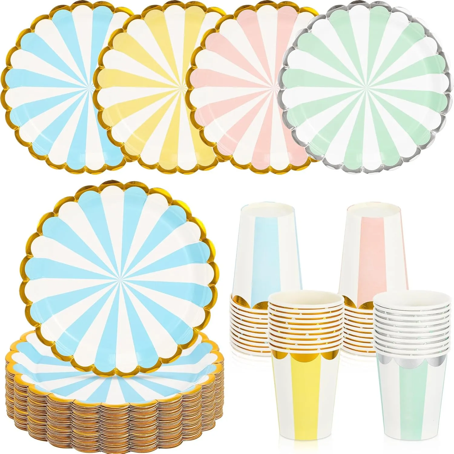 CHENGU Disposable Plates for Party Disposable Dinnerware Set Include 7 Inch Paper pastel Dessert Plates and 12 oz Cups for Birthday Party Supplies Baby Shower Wedding (Stripe Style,80 Pcs)