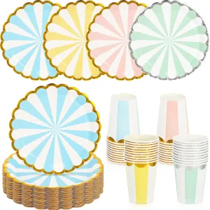 CHENGU Disposable Plates for Party Disposable Dinnerware Set Include 7 Inch Paper pastel Dessert Plates and 12 oz Cups for Birthday Party Supplies Baby Shower Wedding (Stripe Style,80 Pcs)