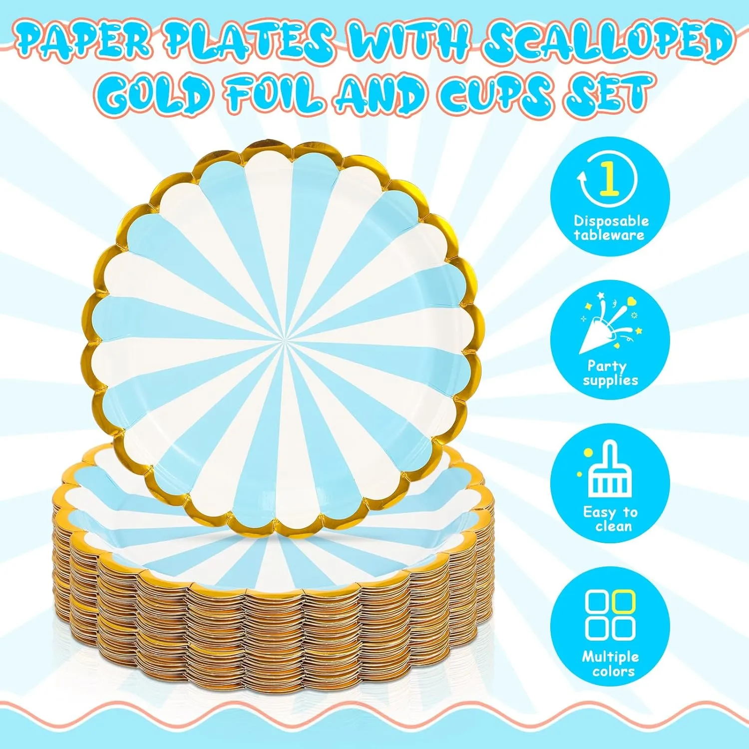 CHENGU Disposable Plates for Party Disposable Dinnerware Set Include 7 Inch Paper pastel Dessert Plates and 12 oz Cups for Birthday Party Supplies Baby Shower Wedding (Stripe Style,80 Pcs)
