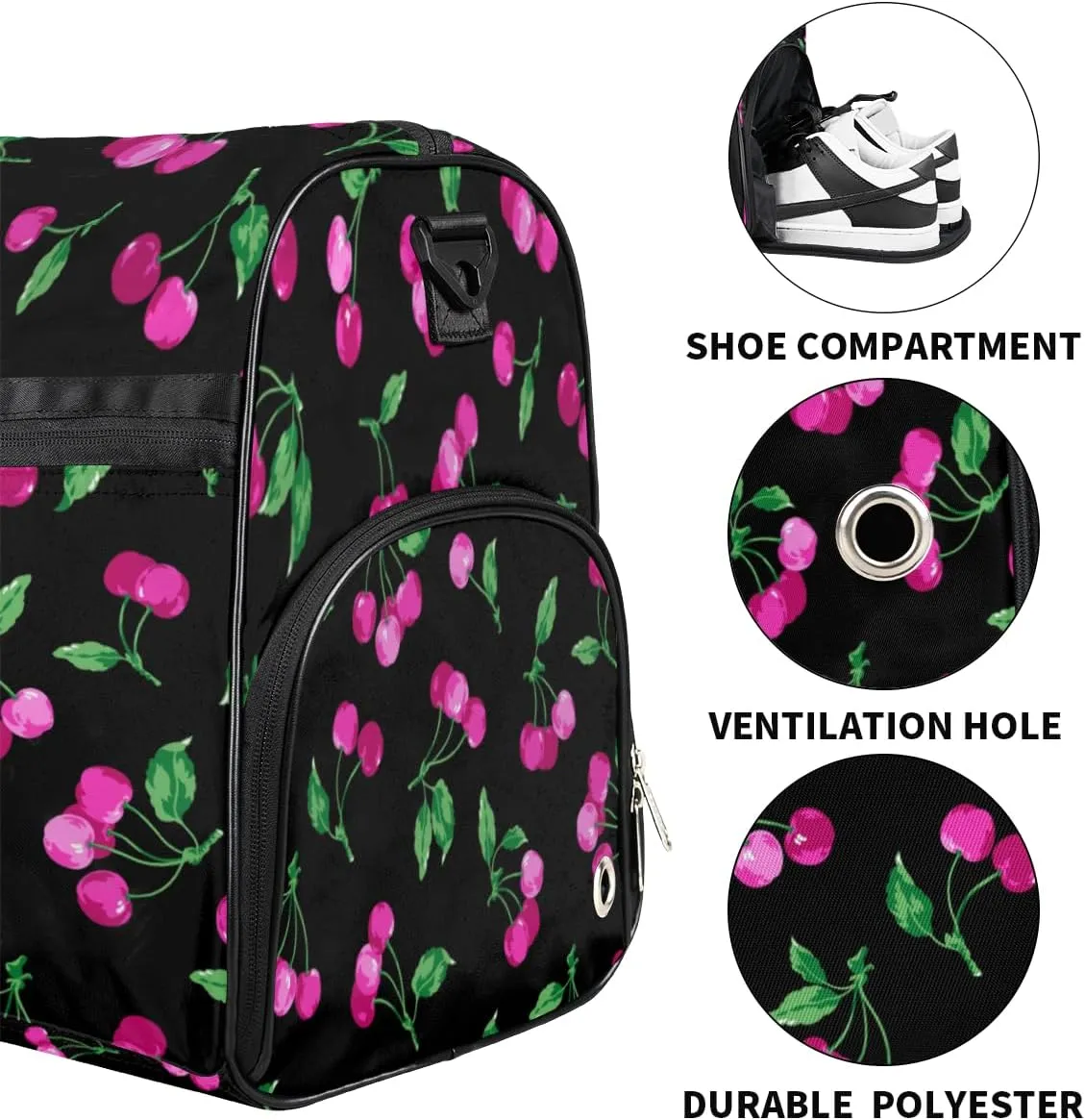 Cherry Sports Gym Bag for Women Men Travel Duffel Bag with Wet Pocket & Shoes Compartment Waterproof Weekender Overnight Tote Carry on Bag Lightweight