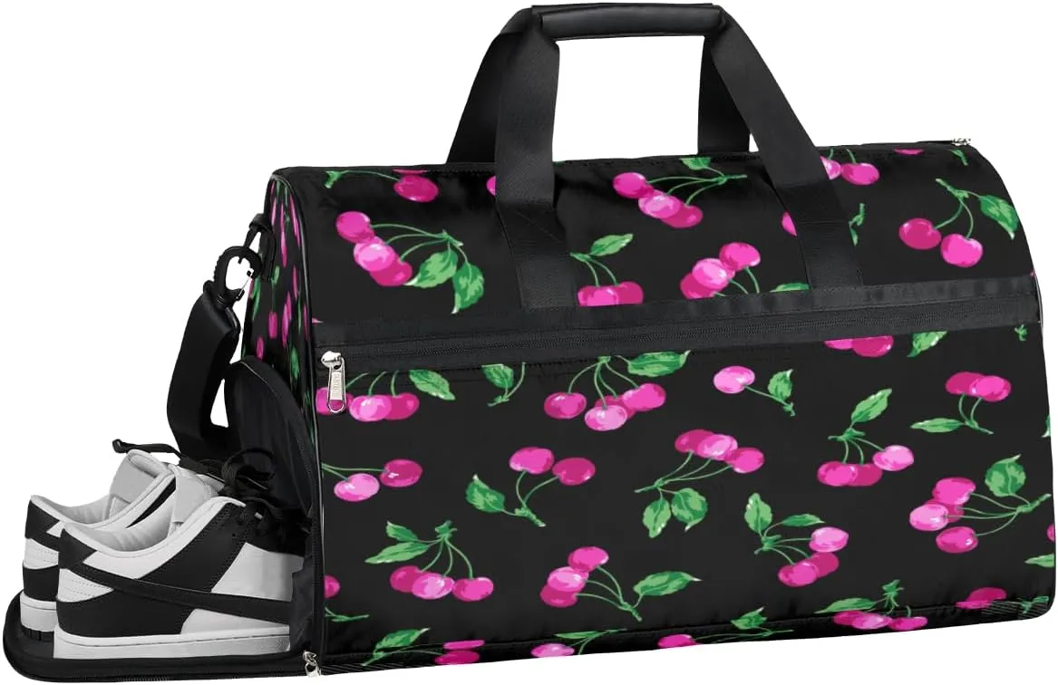 Cherry Sports Gym Bag for Women Men Travel Duffel Bag with Wet Pocket & Shoes Compartment Waterproof Weekender Overnight Tote Carry on Bag Lightweight