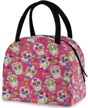 Chic Sugar Skulls Day of the Dead Reusable Lunch Tote Bag with Front Pocket Zipper Closure Insulated Thermal Cooler Container Bag for Man Women Work Picnic Travel Beach Fishing