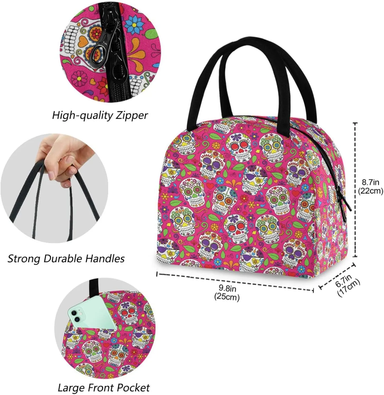 Chic Sugar Skulls Day of the Dead Reusable Lunch Tote Bag with Front Pocket Zipper Closure Insulated Thermal Cooler Container Bag for Man Women Work Picnic Travel Beach Fishing