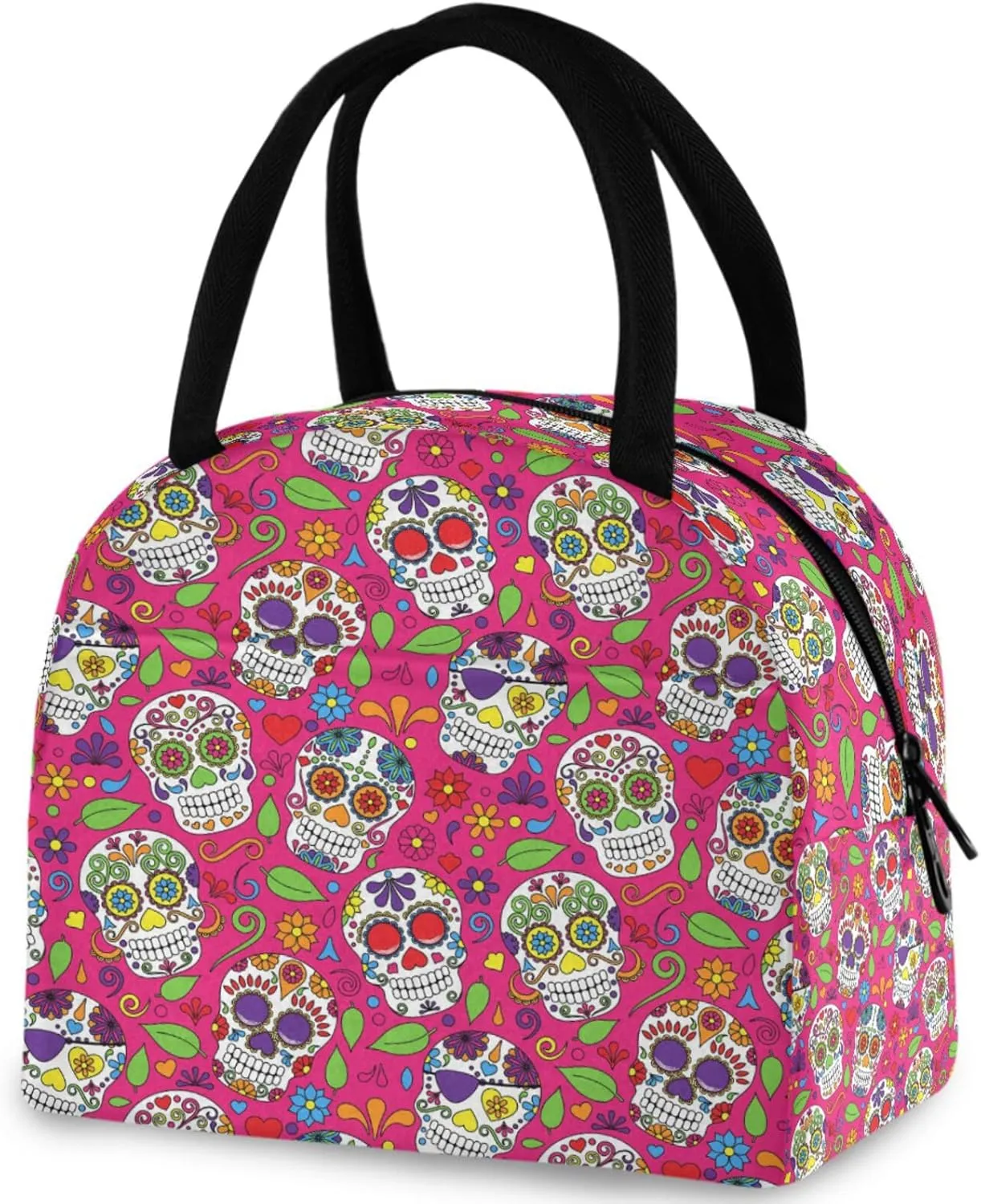 Chic Sugar Skulls Day of the Dead Reusable Lunch Tote Bag with Front Pocket Zipper Closure Insulated Thermal Cooler Container Bag for Man Women Work Picnic Travel Beach Fishing