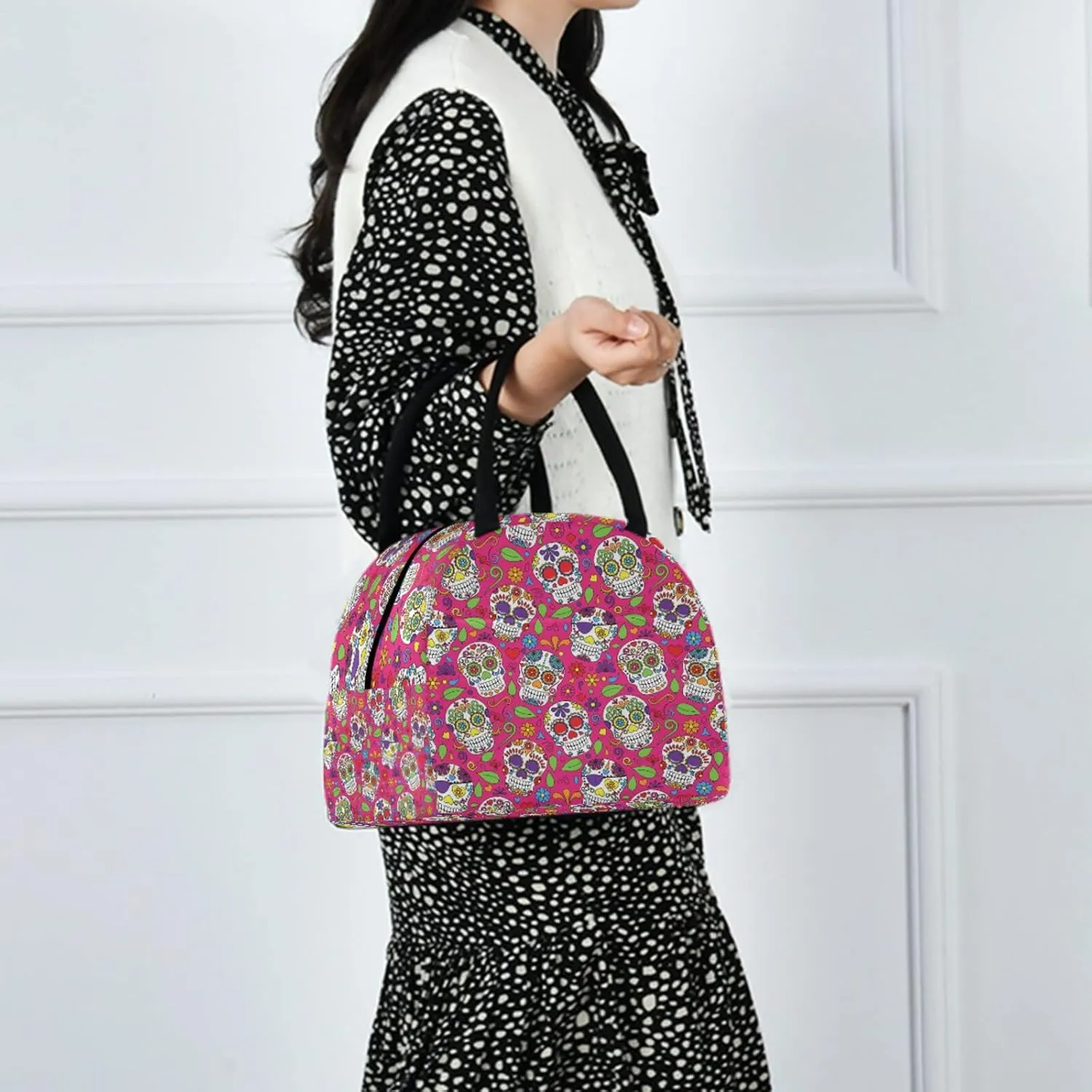 Chic Sugar Skulls Day of the Dead Reusable Lunch Tote Bag with Front Pocket Zipper Closure Insulated Thermal Cooler Container Bag for Man Women Work Picnic Travel Beach Fishing