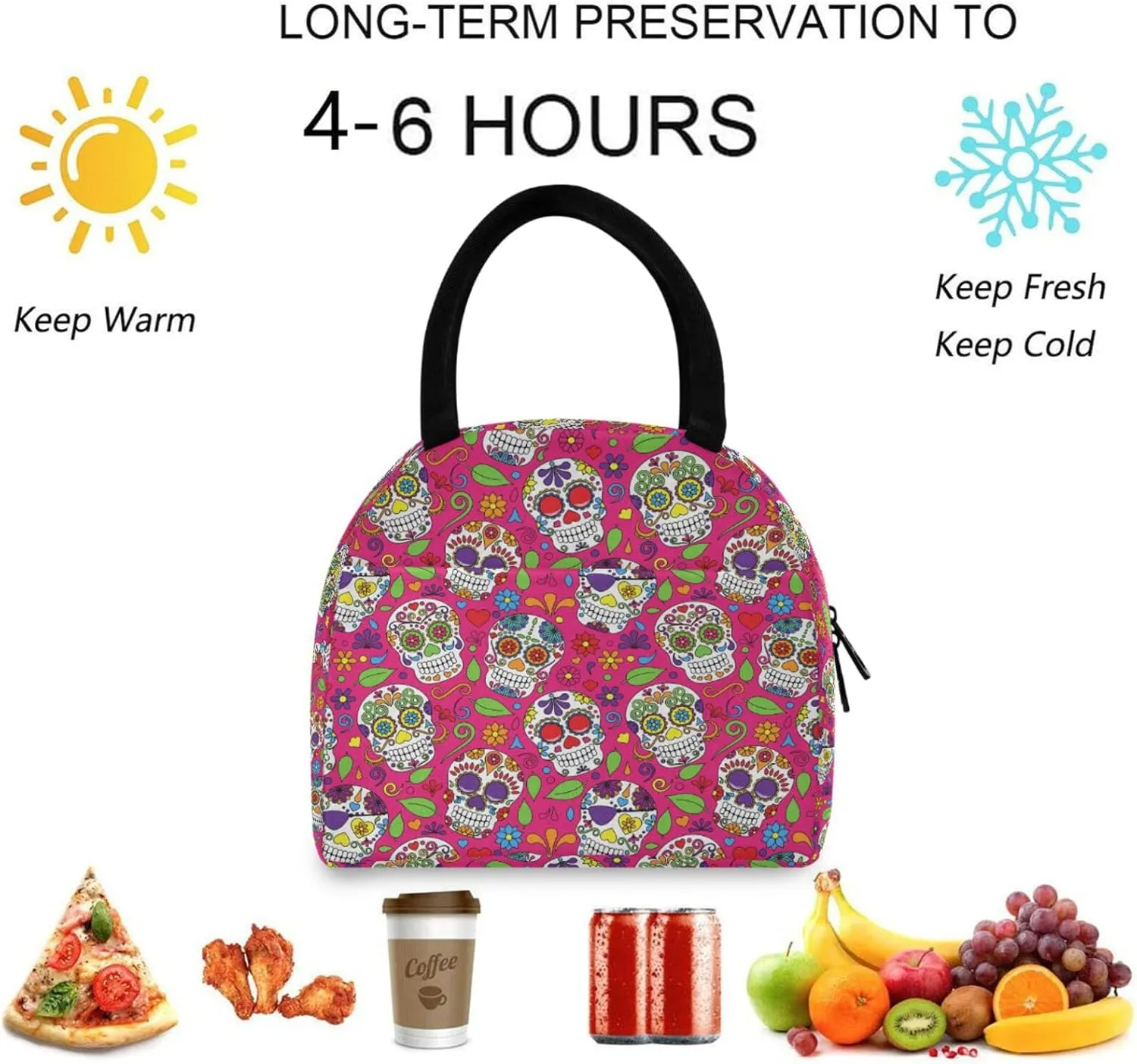 Chic Sugar Skulls Day of the Dead Reusable Lunch Tote Bag with Front Pocket Zipper Closure Insulated Thermal Cooler Container Bag for Man Women Work Picnic Travel Beach Fishing