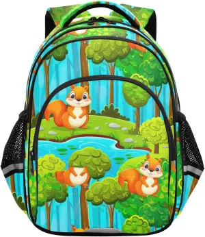 CHIFIGNO Cute Squirrel Green Kids Backpack for School Travel Book Bag Girls Boys with Reflective Stripes Kids Hiking Backpack