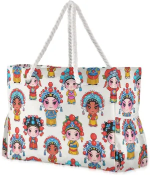Chinese Cultural Roles Peking Opera Cute Weekender Overnight Waterproof Sandproof with side pockets Large Beach Tote Bag for Swim Pool