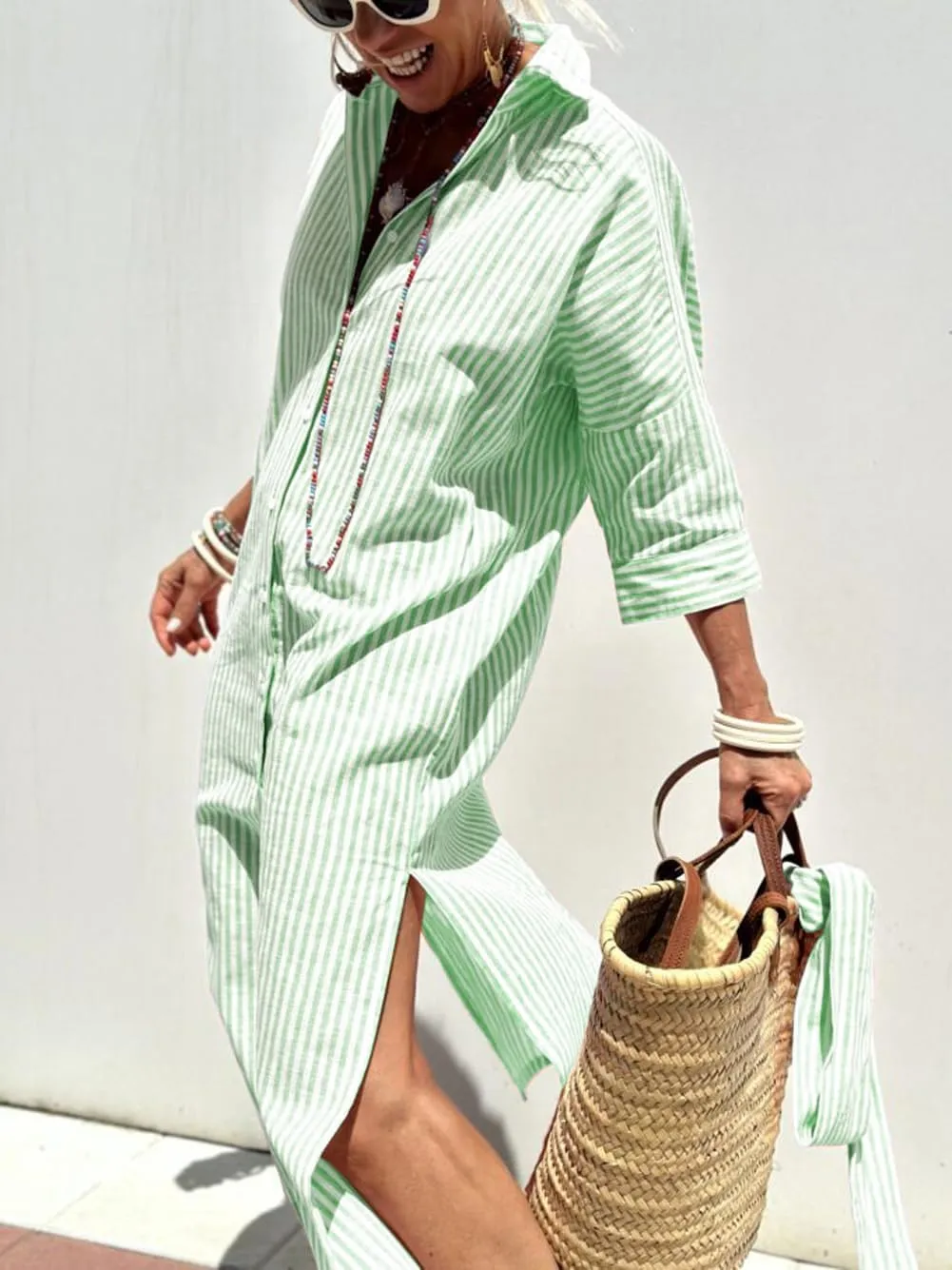 chouyatou Women's Summer 3/4 Sleeve Striped Shirt Dress Belted Maxi Long Casual Button Down Beach Dress