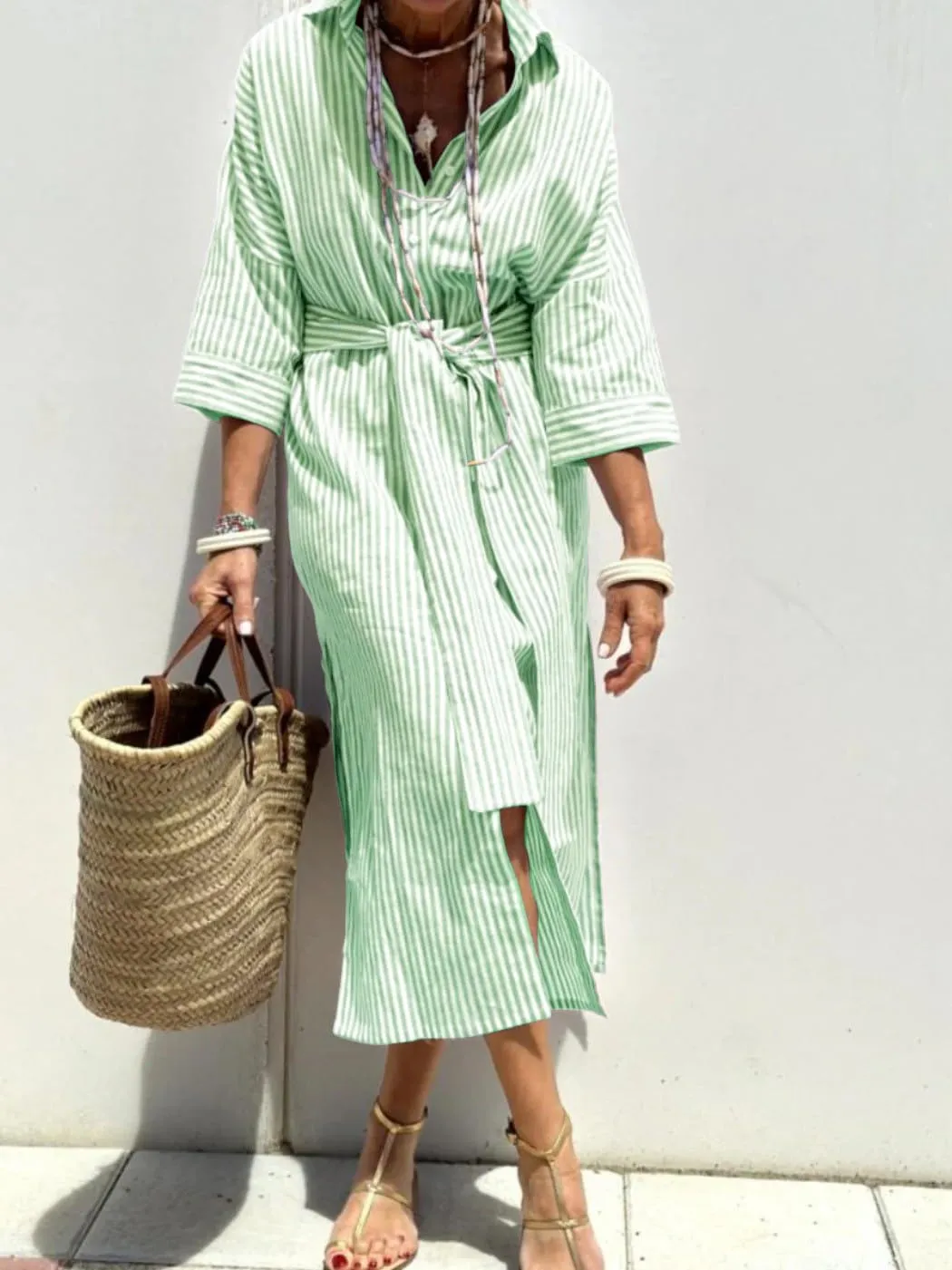 chouyatou Women's Summer 3/4 Sleeve Striped Shirt Dress Belted Maxi Long Casual Button Down Beach Dress