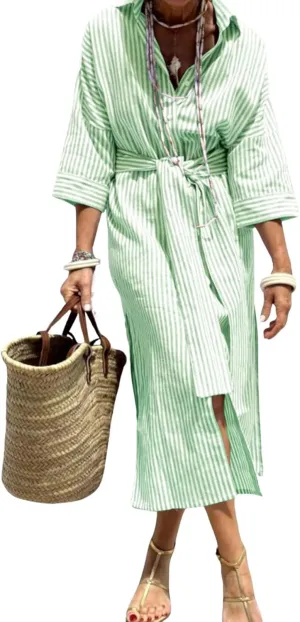 chouyatou Women's Summer 3/4 Sleeve Striped Shirt Dress Belted Maxi Long Casual Button Down Beach Dress