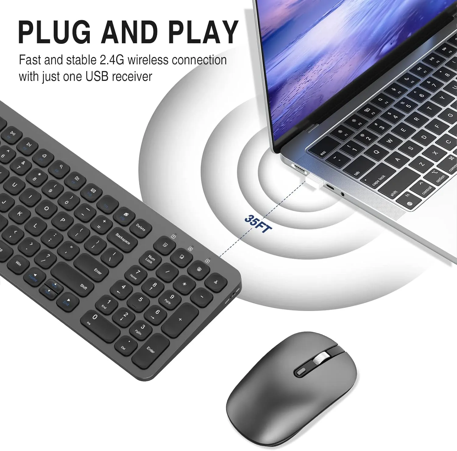 cimetech Wireless Keyboard and Mouse Combo, Compact Full Size Wireless Keyboard and Mouse Set Less Noise Keys 2.4G Ultra-Thin Sleek Design for Windows, Computer, PC, Notebook, Laptop - Grey