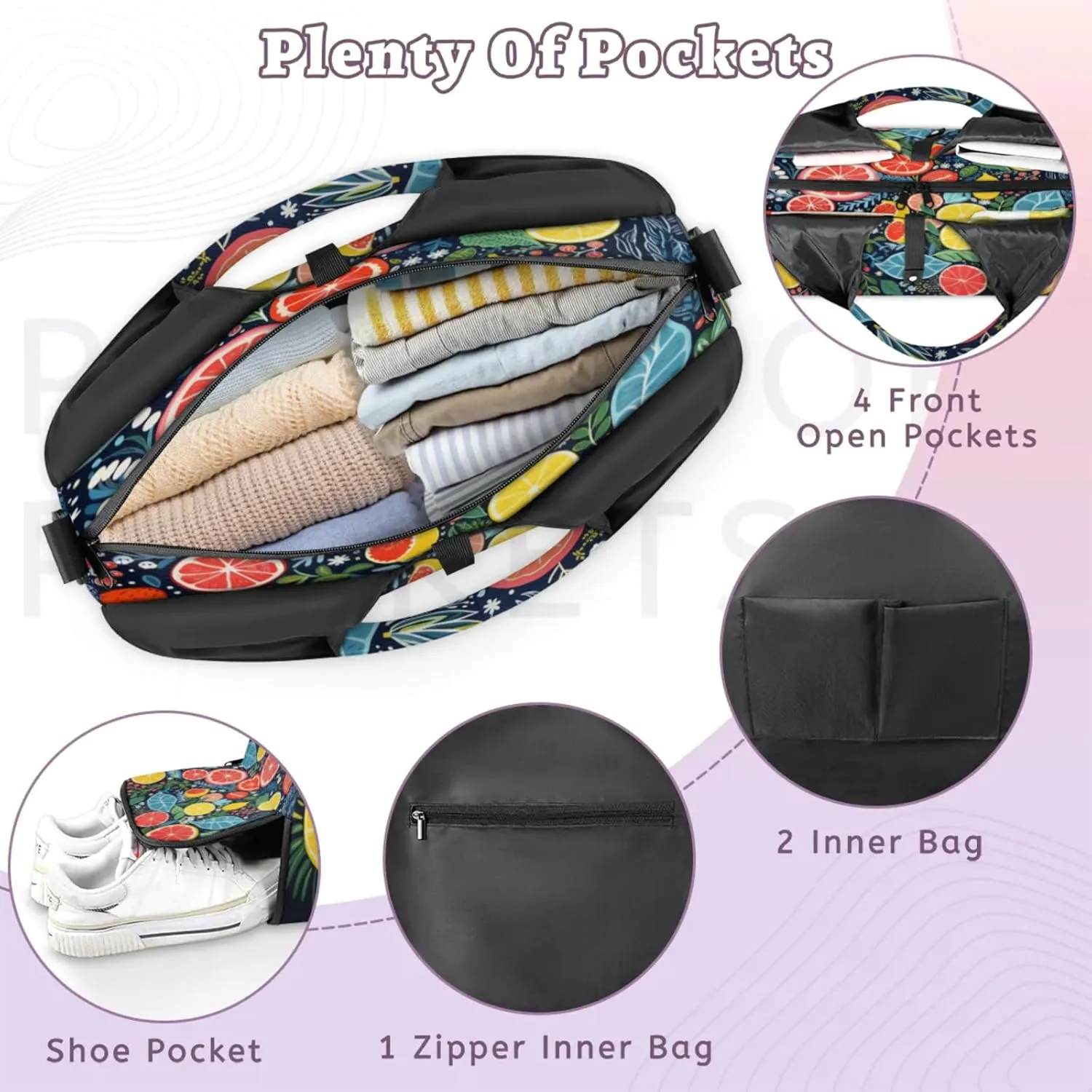 Citrus Slice Pattern Waterproof Gym Bag for Men Women, Sports Duffel Bag with Shoe Compartment Yoga Mat Holder, Portable Large Travel Bag for Fitness, Camping, Weekend Trips