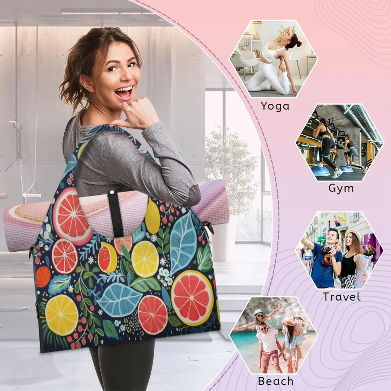 Citrus Slice Pattern Waterproof Gym Bag for Men Women, Sports Duffel Bag with Shoe Compartment Yoga Mat Holder, Portable Large Travel Bag for Fitness, Camping, Weekend Trips