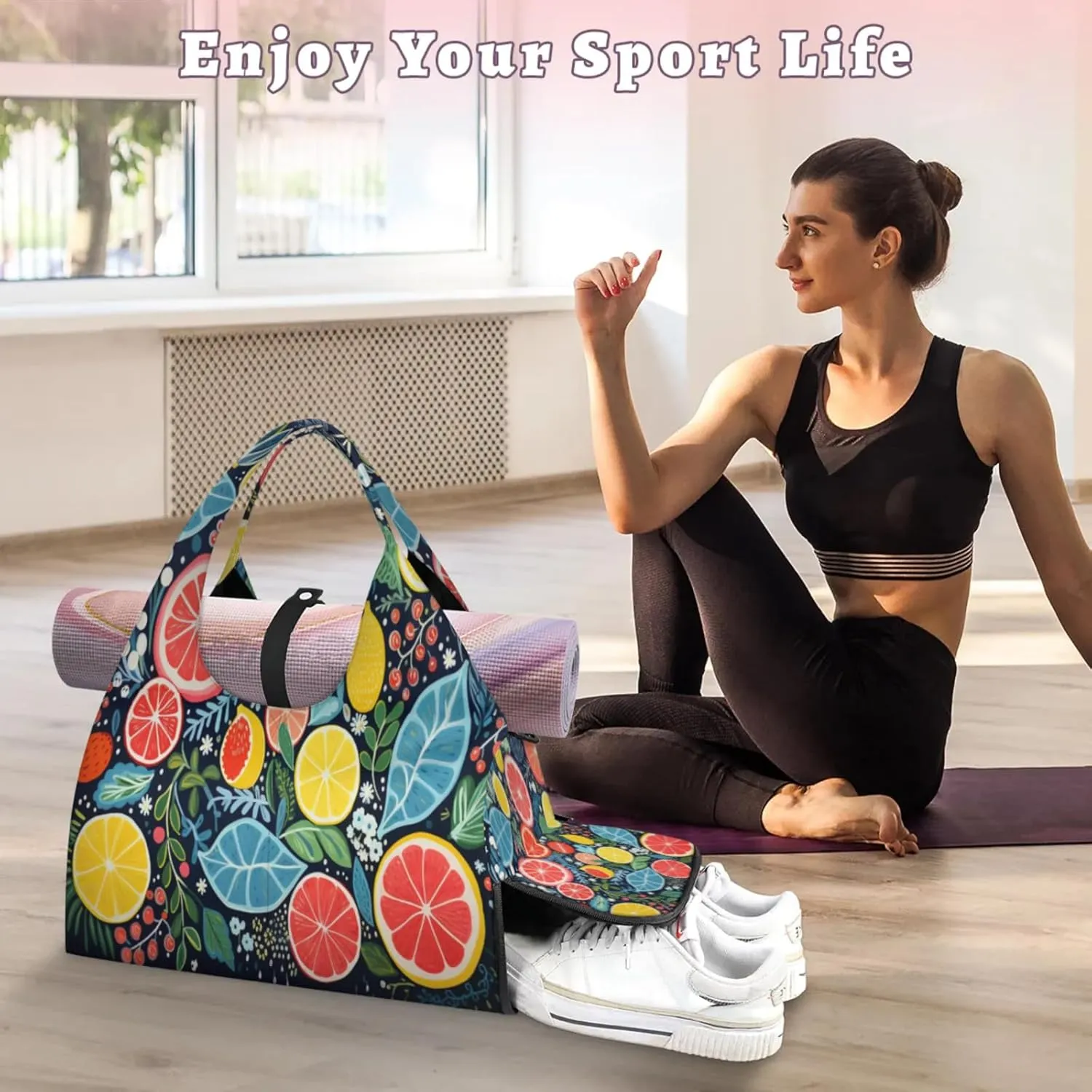 Citrus Slice Pattern Waterproof Gym Bag for Men Women, Sports Duffel Bag with Shoe Compartment Yoga Mat Holder, Portable Large Travel Bag for Fitness, Camping, Weekend Trips