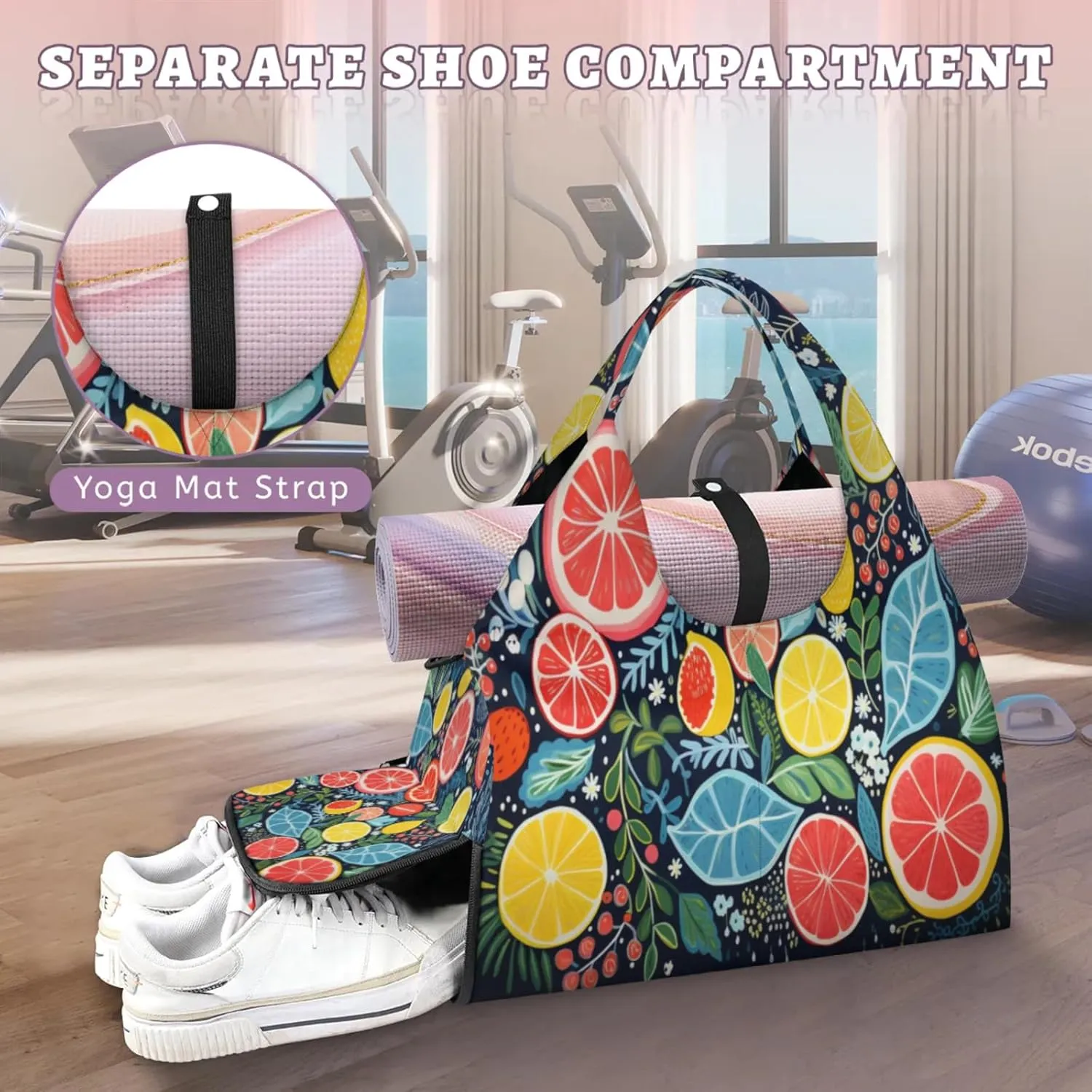 Citrus Slice Pattern Waterproof Gym Bag for Men Women, Sports Duffel Bag with Shoe Compartment Yoga Mat Holder, Portable Large Travel Bag for Fitness, Camping, Weekend Trips