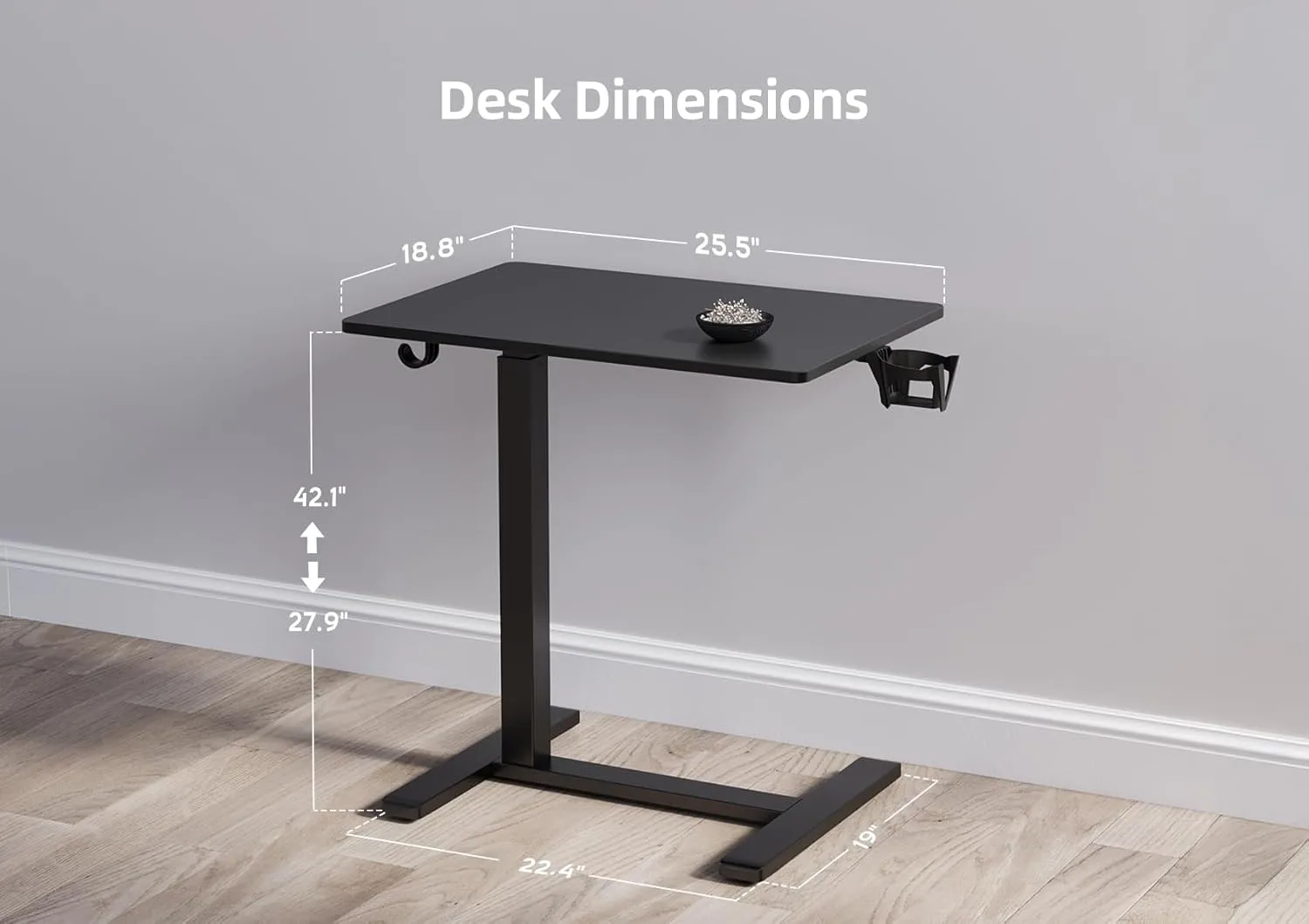 Claiks Height-Adjustable Overbed Table with Wheels, Portable Rolling Laptop Desk, Mobile Standing Desk for Home & Hospital Use, Black 25.5 inch