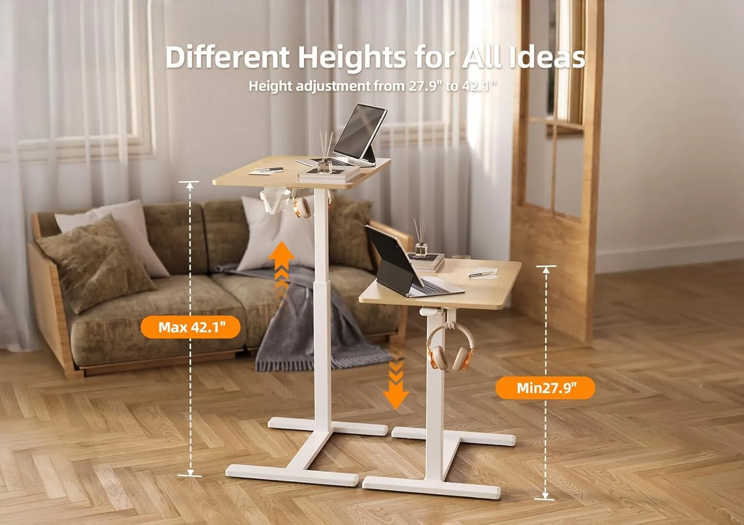 Claiks Height-Adjustable Overbed Table with Wheels, Portable Rolling Laptop Desk, Mobile Standing Desk for Home & Hospital Use, Nature 25.5 inch