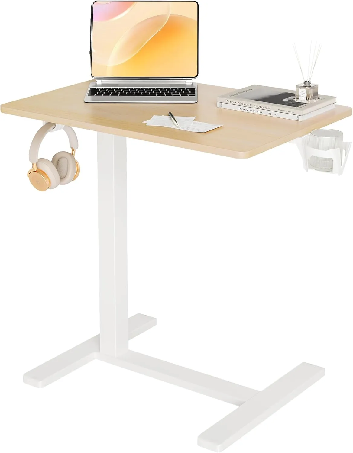 Claiks Height-Adjustable Overbed Table with Wheels, Portable Rolling Laptop Desk, Mobile Standing Desk for Home & Hospital Use, Nature 25.5 inch