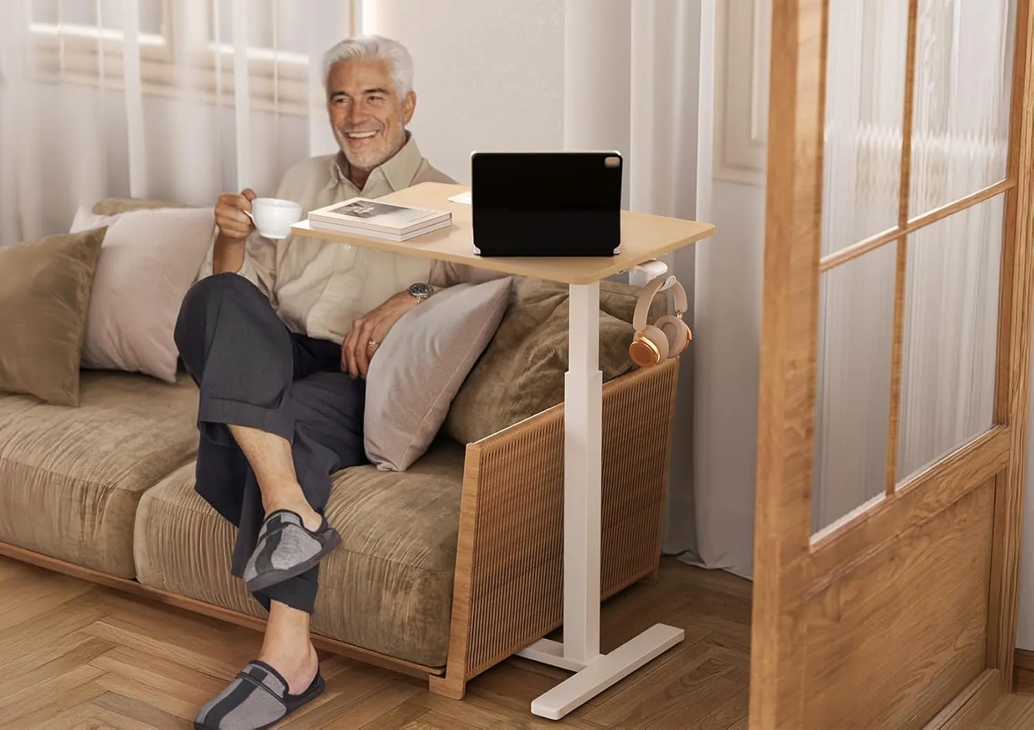 Claiks Height-Adjustable Overbed Table with Wheels, Portable Rolling Laptop Desk, Mobile Standing Desk for Home & Hospital Use, Nature 25.5 inch