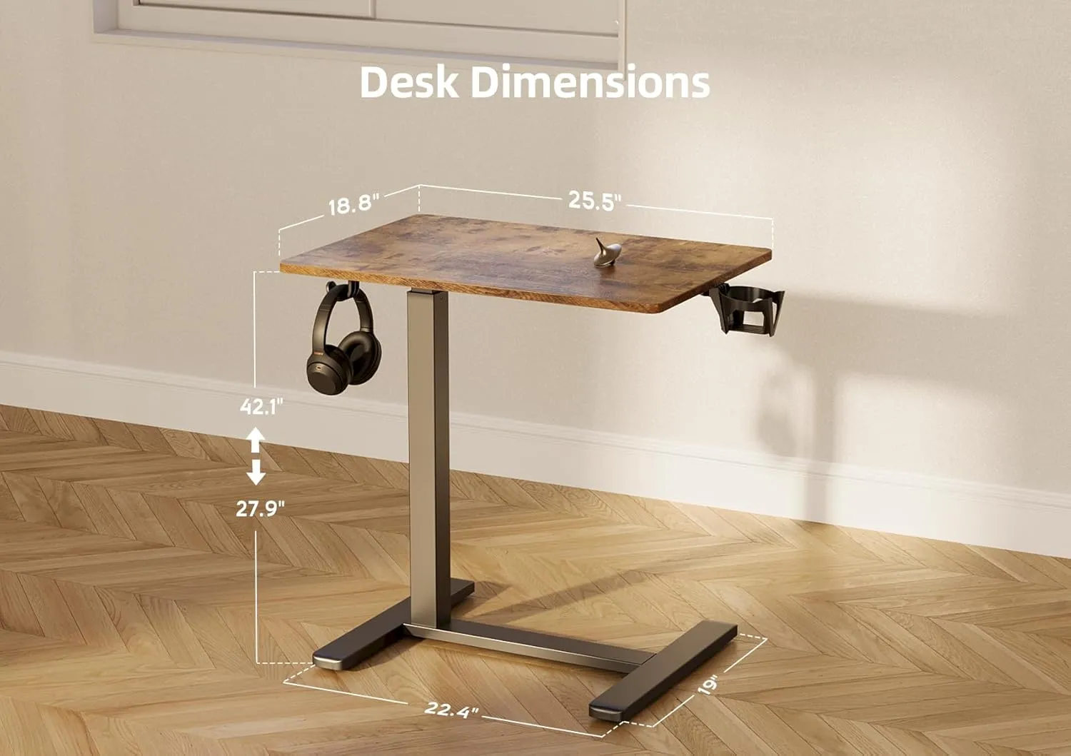 Claiks Mobile Overbed Table with Wheels - 25.5" Adjustable Height Standing Desk for Hospital & Home Use, 22lbs Capacity, Ergonomic Rolling Laptop Cart, Rustic