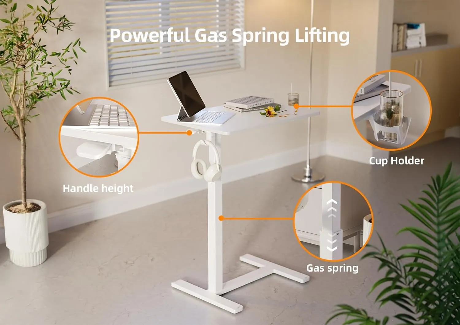 Claiks Mobile Overbed Table with Wheels - 25.5" Adjustable Height Standing Desk for Hospital & Home Use, 22lbs Capacity, Ergonomic Rolling Laptop Cart, White