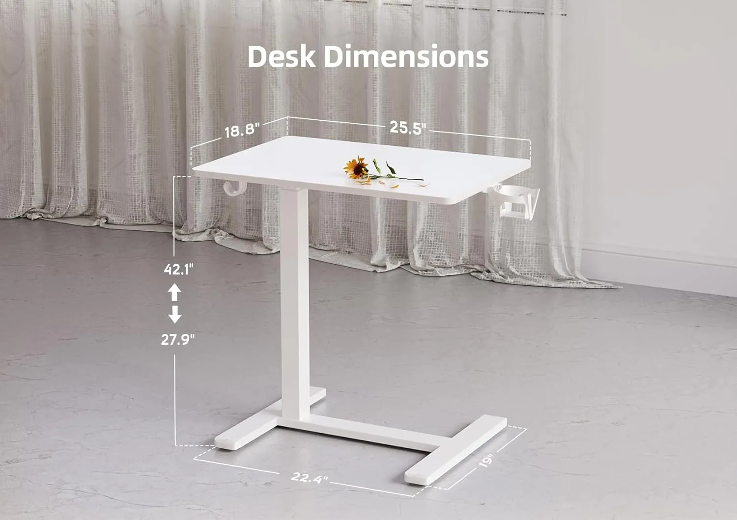 Claiks Mobile Overbed Table with Wheels - 25.5" Adjustable Height Standing Desk for Hospital & Home Use, 22lbs Capacity, Ergonomic Rolling Laptop Cart, White