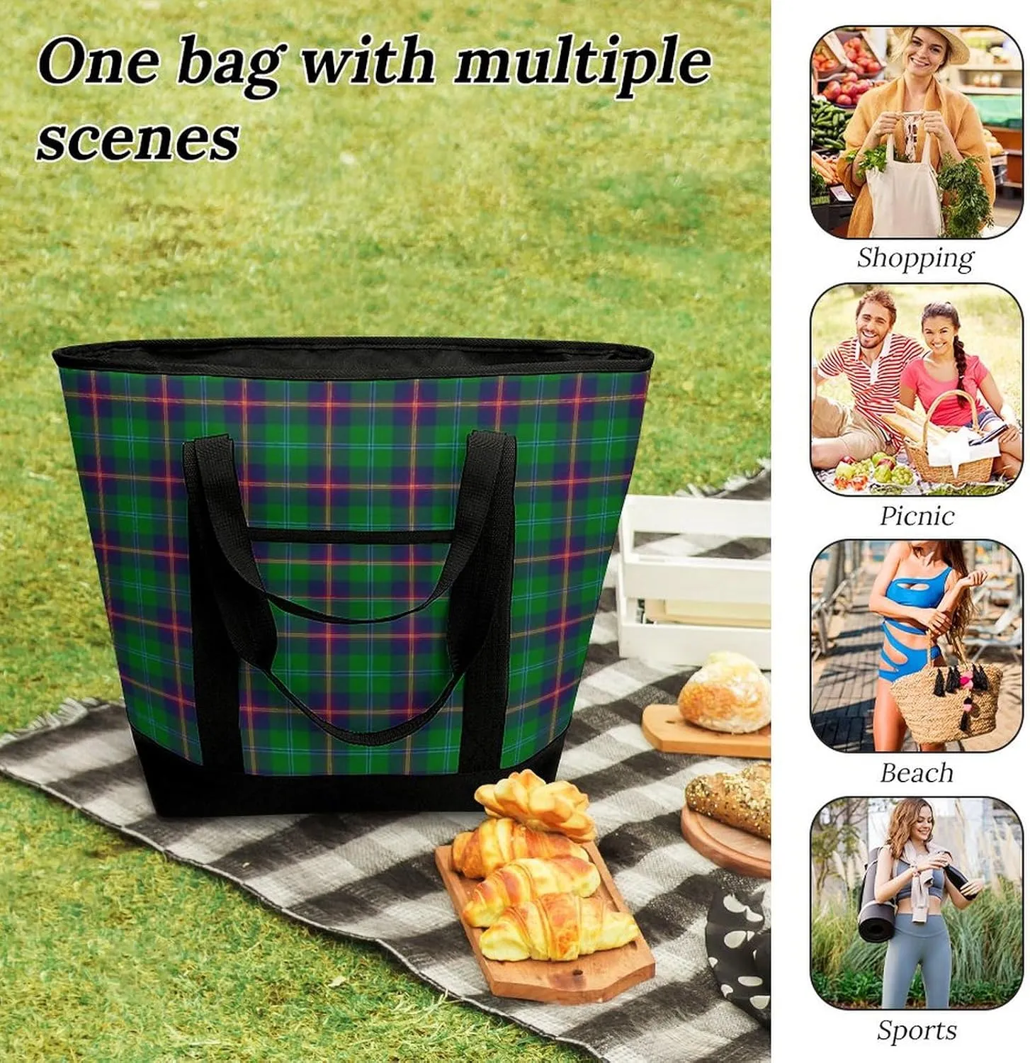 Clan Tartan Blue And Green Fashionable Large Capacity Insulated Shopping Bag