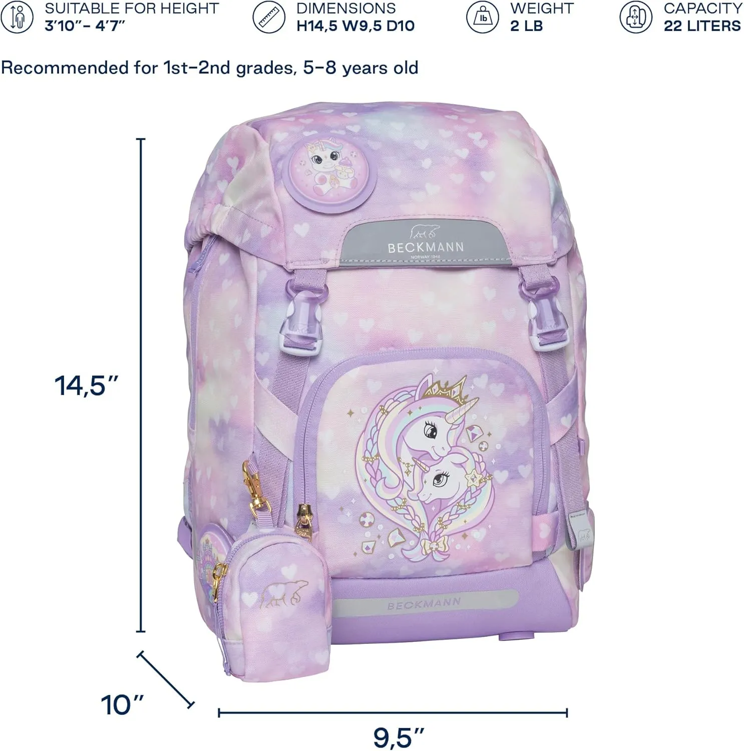 CLASSIC Ergonomic School Backpack for Kids – Lightweight, Adjustable, Spacious – Posture-Friendly, Durable – Ages 6-8, Elementary school, 1st & 2nd grade. 22 lt. UNICORN PRINCESS, PURPLE
