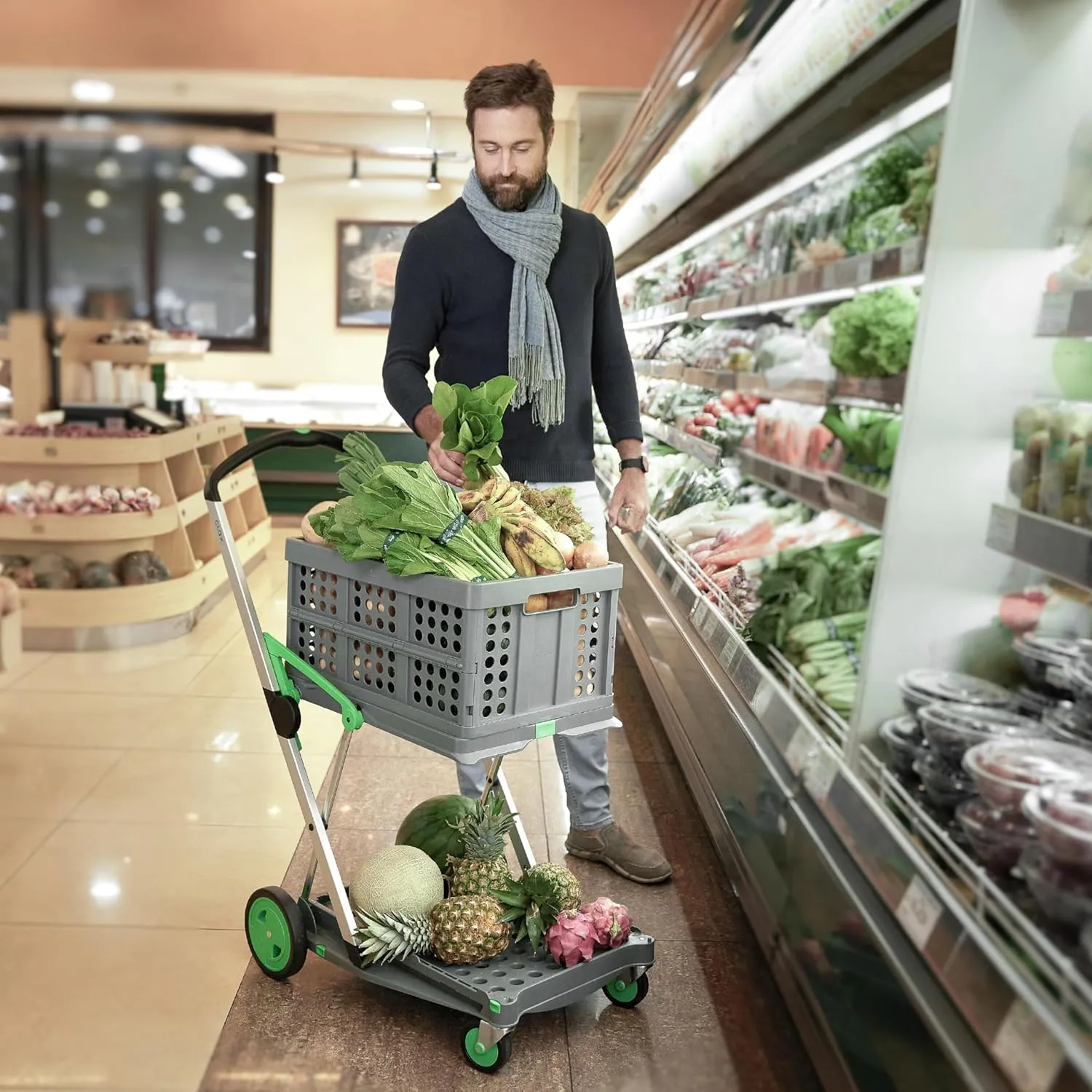 CLAX® The Original | Made in Germany | Multi use Functional Collapsible carts | Mobile Folding Trolley | Shopping cart with Storage Crate | Platform Truck (Green)