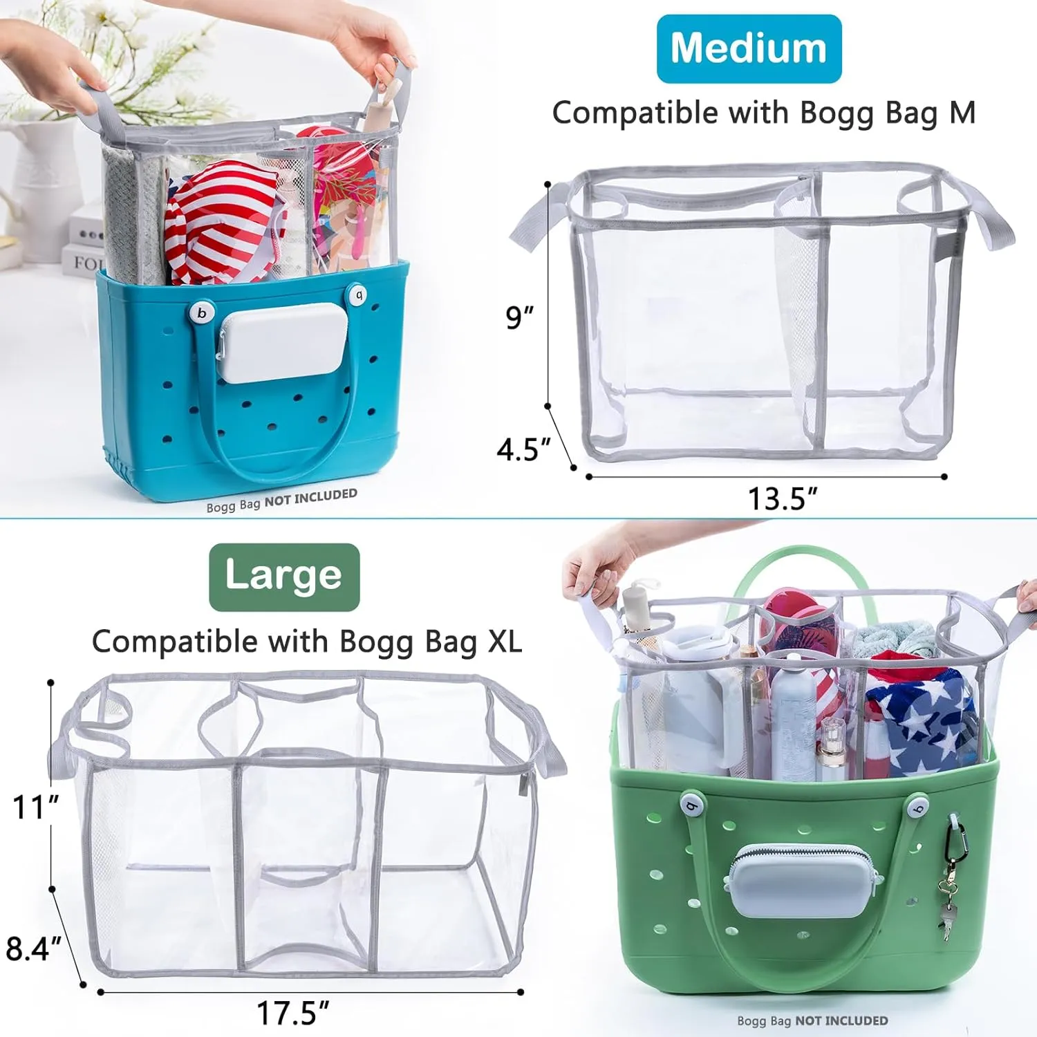 Clear Beach Bag Organizer Insert with 3pcs Accessories Compatible with Bogg Bag (Large), Beach Tote Divider with Sunglasses Holder, Phone Holder and Clips Hooks