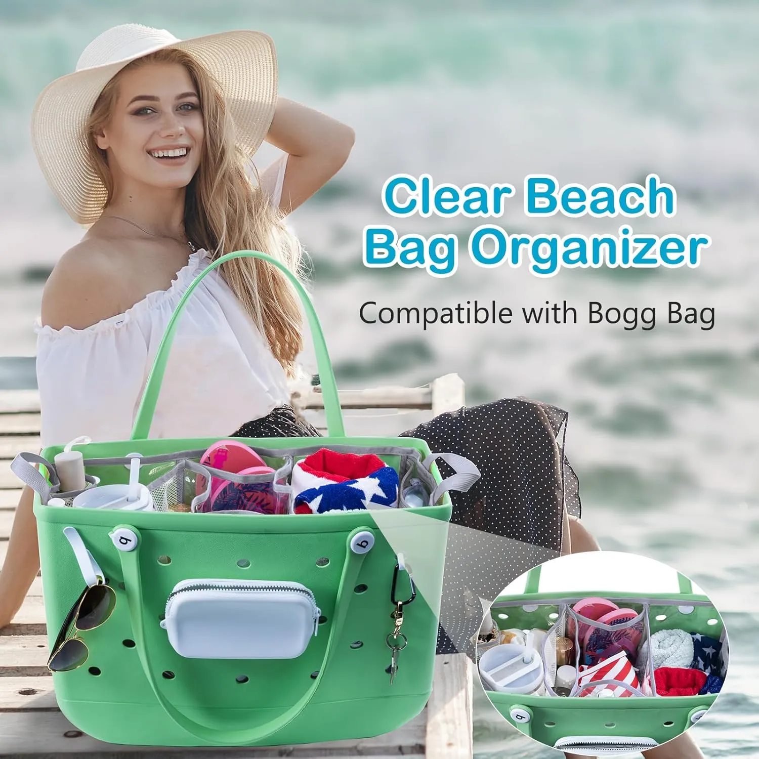 Clear Beach Bag Organizer Insert with 3pcs Accessories Compatible with Bogg Bag (Large), Beach Tote Divider with Sunglasses Holder, Phone Holder and Clips Hooks