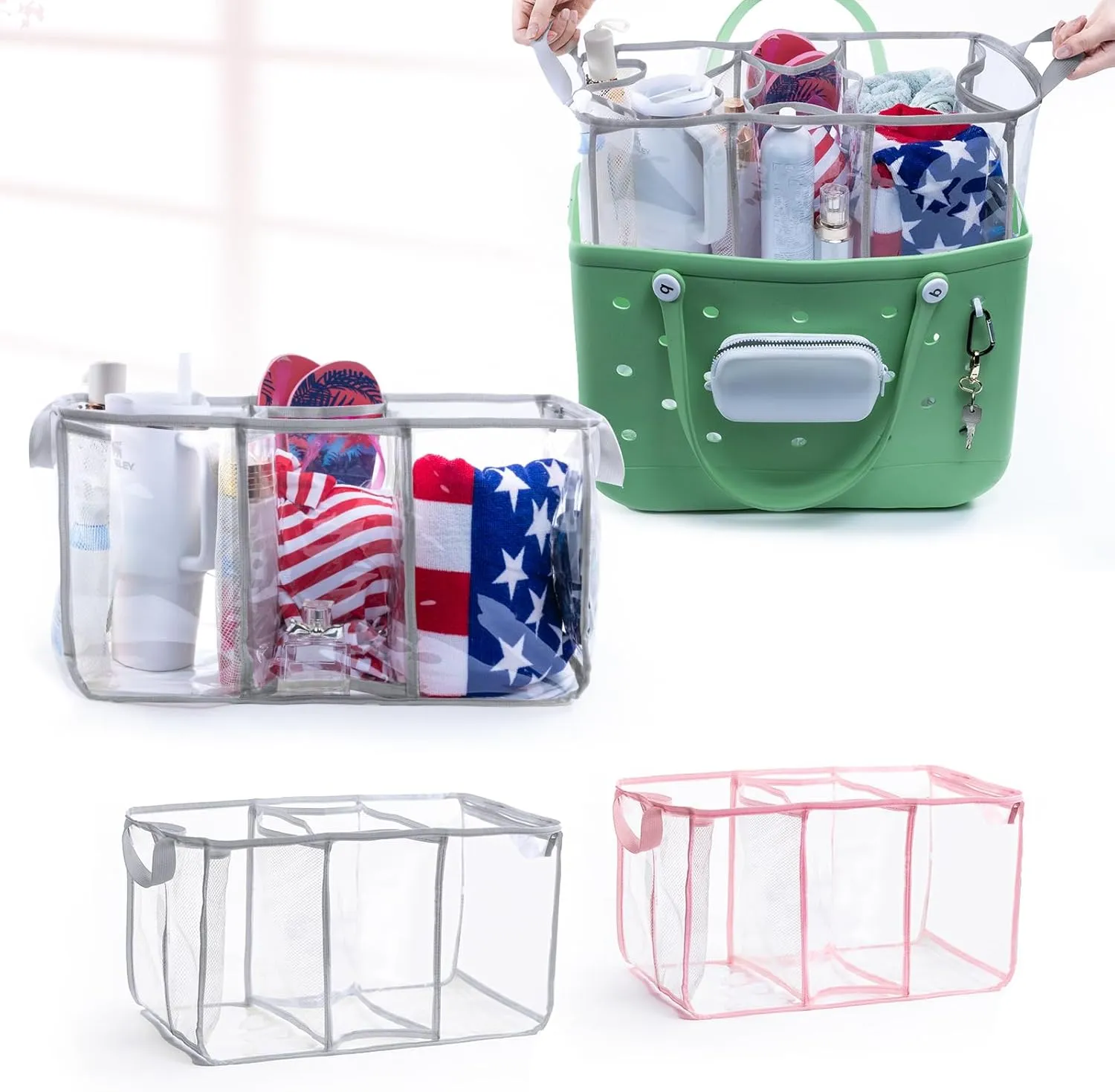 Clear Beach Bag Organizer Insert with 3pcs Accessories Compatible with Bogg Bag (Large), Beach Tote Divider with Sunglasses Holder, Phone Holder and Clips Hooks