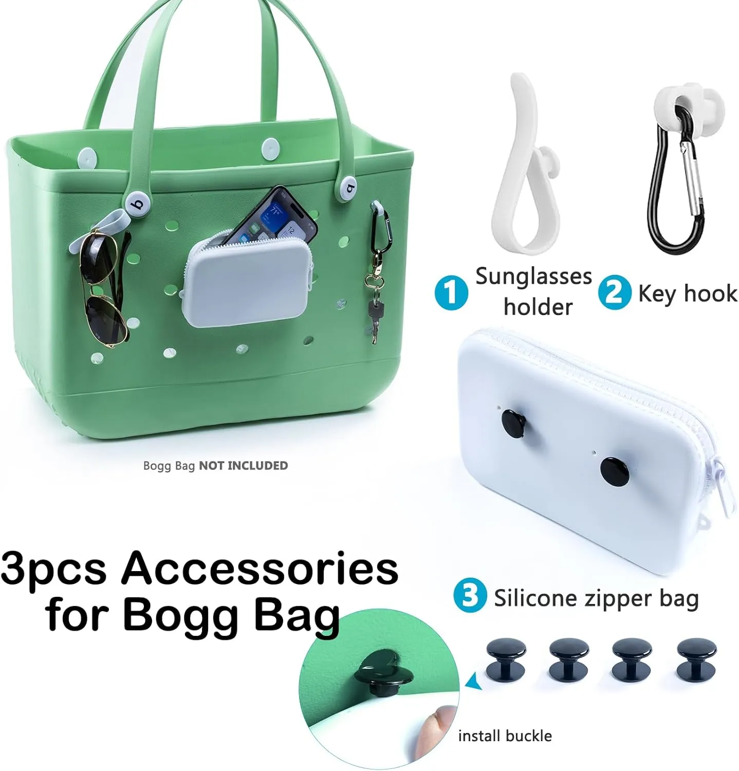 Clear Beach Bag Organizer Insert with 3pcs Accessories Compatible with Bogg Bag (Large), Beach Tote Divider with Sunglasses Holder, Phone Holder and Clips Hooks