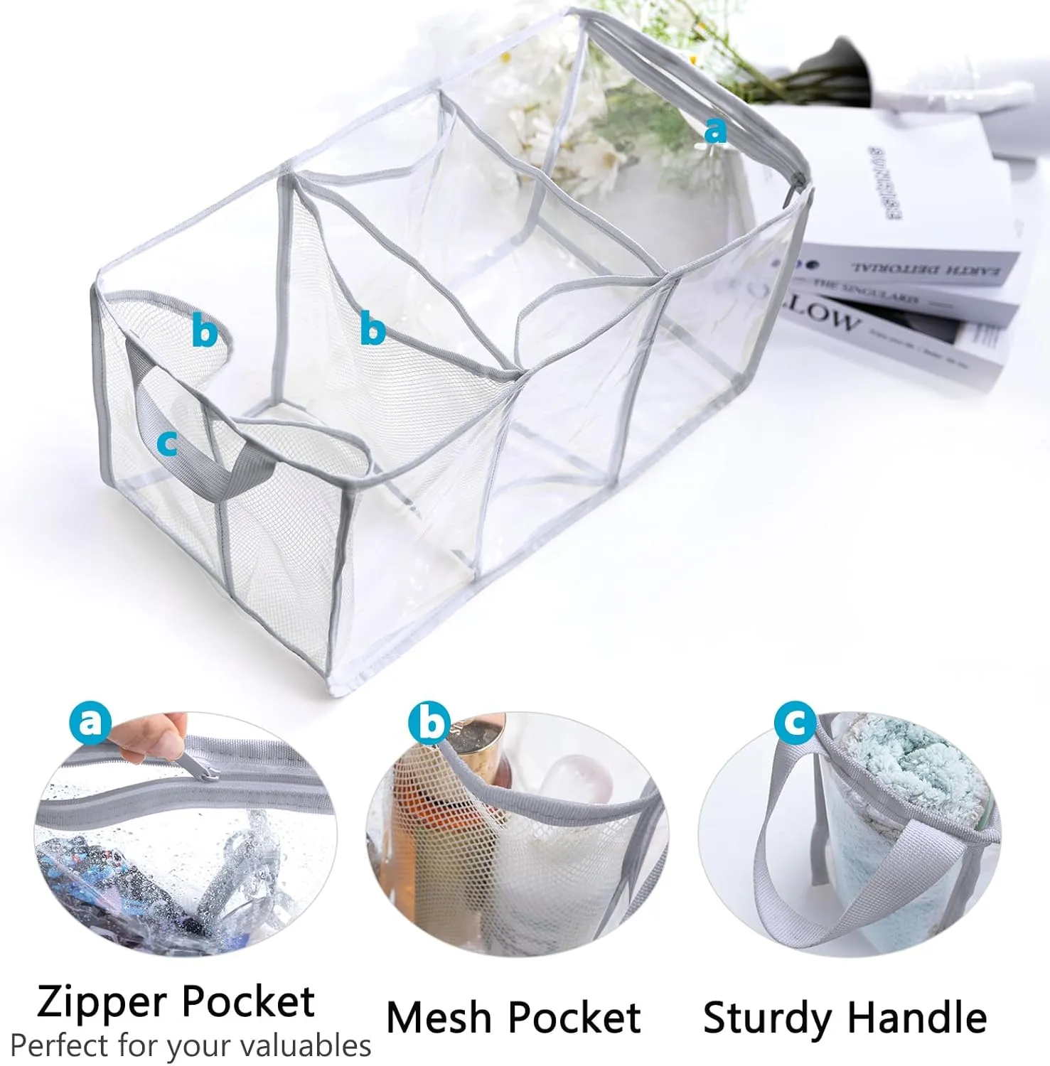 Clear Beach Bag Organizer Insert with 3pcs Accessories Compatible with Bogg Bag (Large), Beach Tote Divider with Sunglasses Holder, Phone Holder and Clips Hooks