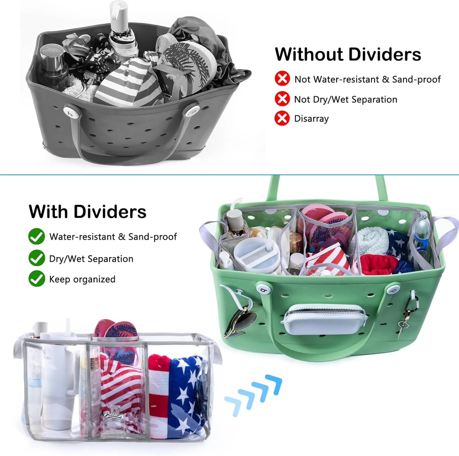 Clear Beach Bag Organizer Insert with 3pcs Accessories Compatible with Bogg Bag (Large), Beach Tote Divider with Sunglasses Holder, Phone Holder and Clips Hooks