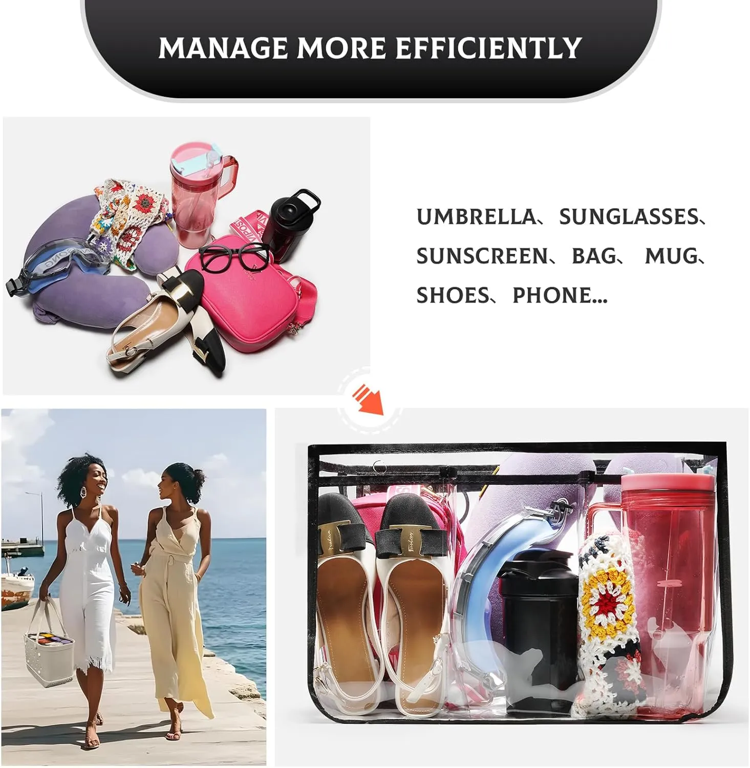 Clear Beach Bag Organizer Original Accessories for Simple Modern Extra Large Organizing Your Bags and Divide Space,Transparent & Black
