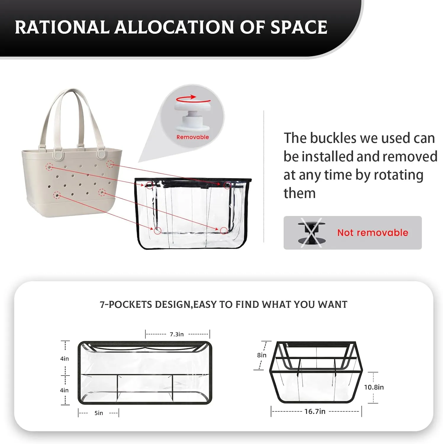 Clear Beach Bag Organizer Original Accessories for Simple Modern Extra Large Organizing Your Bags and Divide Space,Transparent & Black