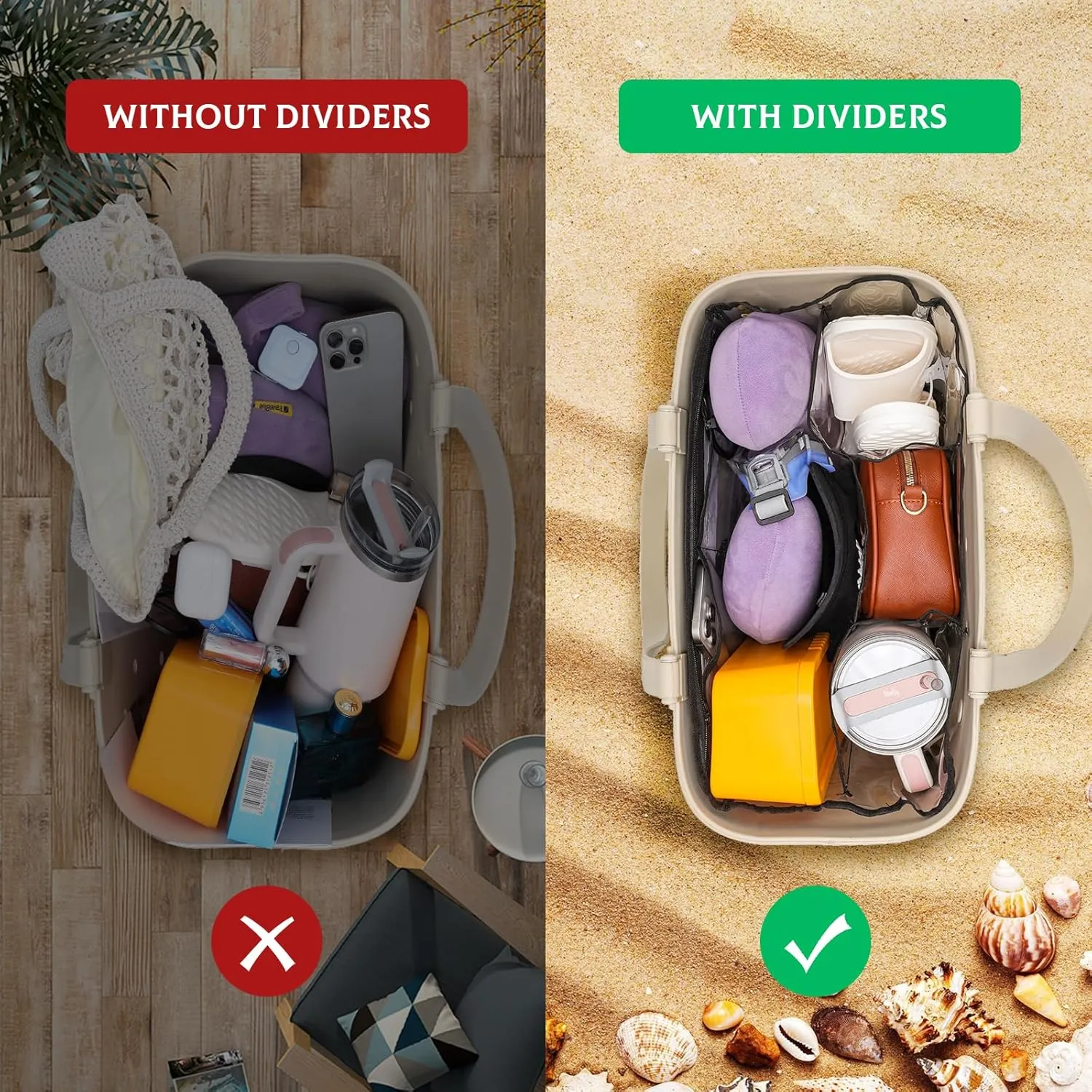 Clear Beach Bag Organizer Original Accessories for Simple Modern Extra Large Organizing Your Bags and Divide Space,Transparent & Black