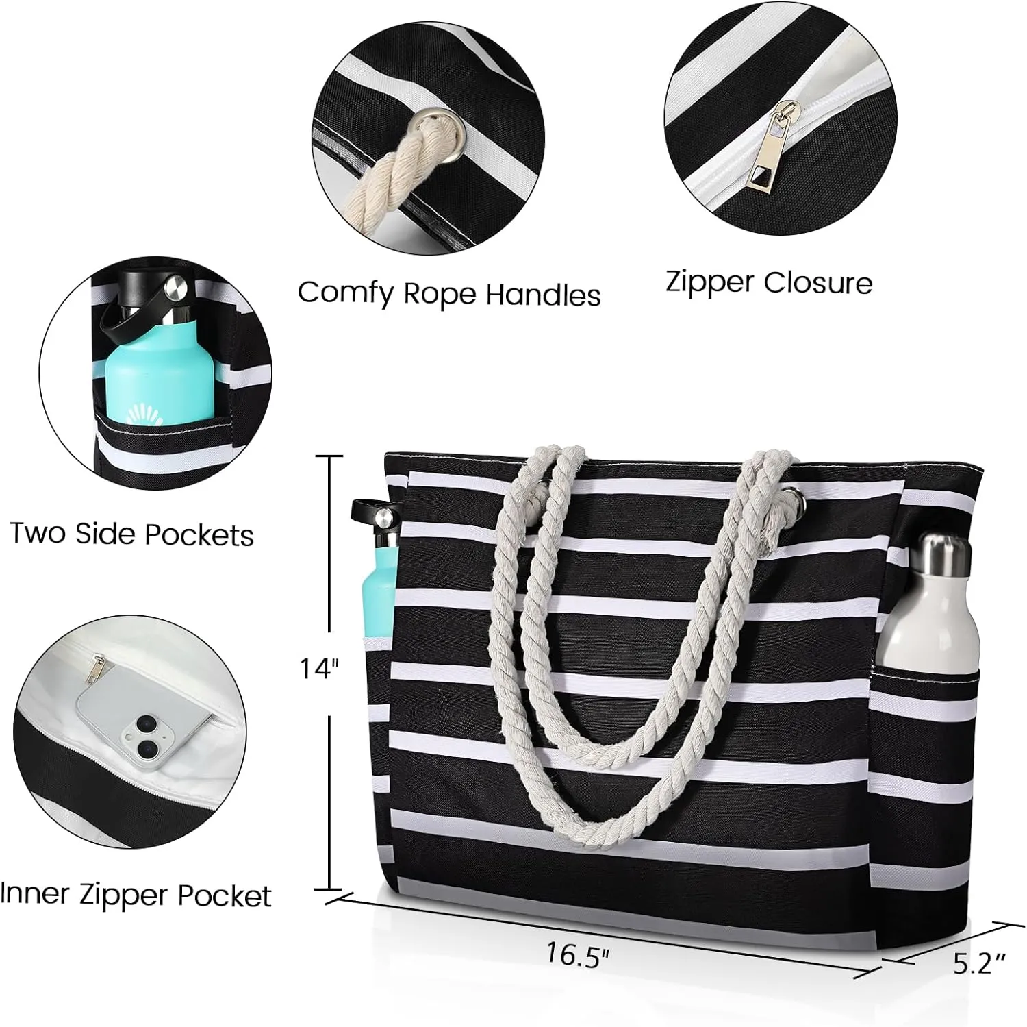 Clothirily Beach Bag for Women - Large Beach Tote Bag, Waterproof Sandproof Beach Bag with Zipper, Large Swim Pool Beach Tote