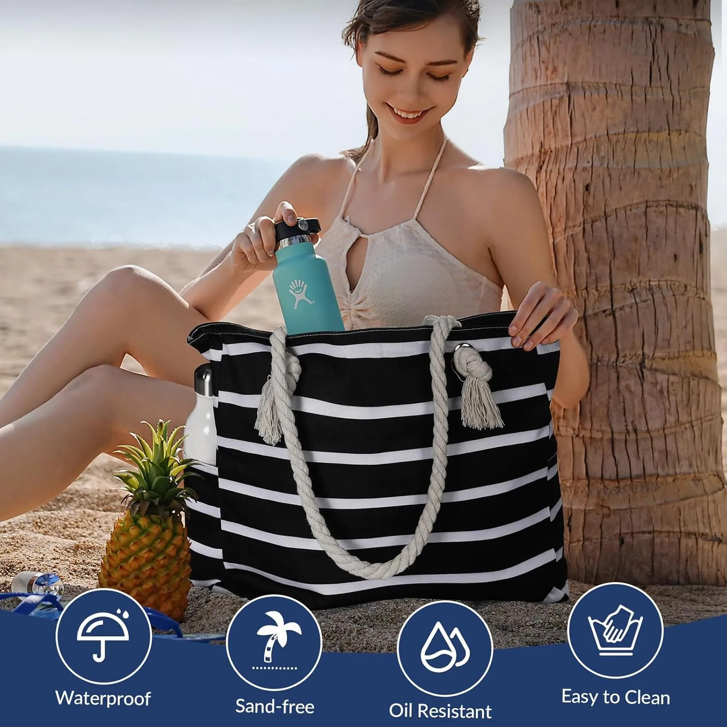 Clothirily Beach Bag for Women - Large Beach Tote Bag, Waterproof Sandproof Beach Bag with Zipper, Large Swim Pool Beach Tote