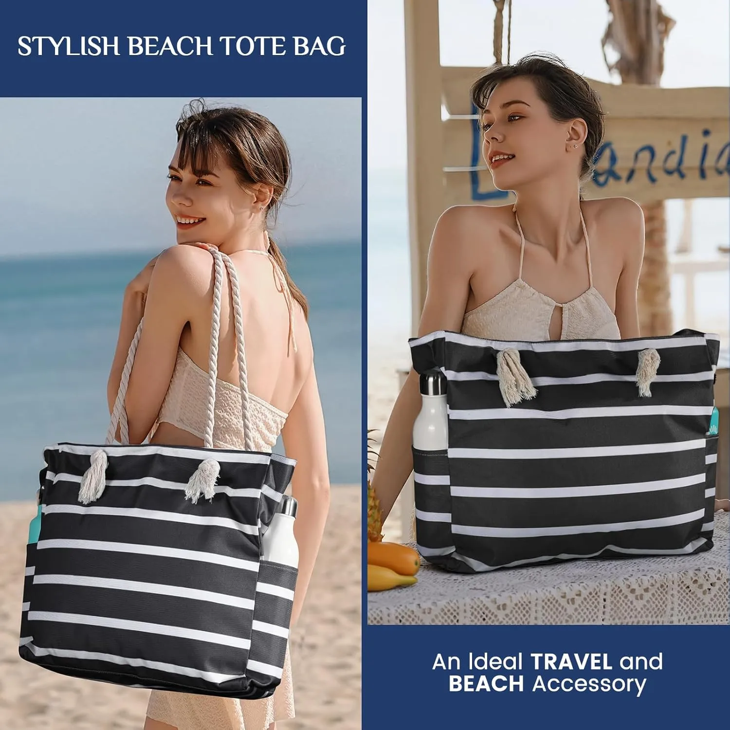 Clothirily Beach Bag for Women - Large Beach Tote Bag, Waterproof Sandproof Beach Bag with Zipper, Large Swim Pool Beach Tote