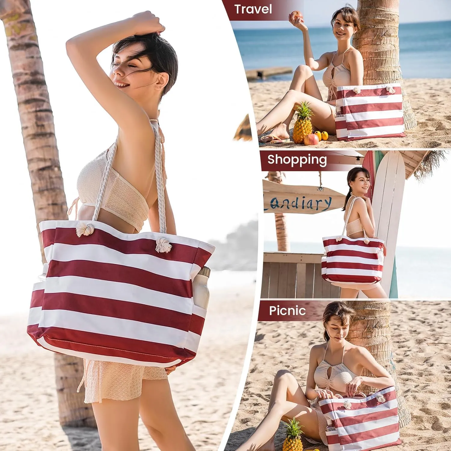 Clothirily Beach Bag for Women - Large Beach Tote Bag, Waterproof Sandproof Beach Bag with Zipper, Large Swim Pool Beach Tote