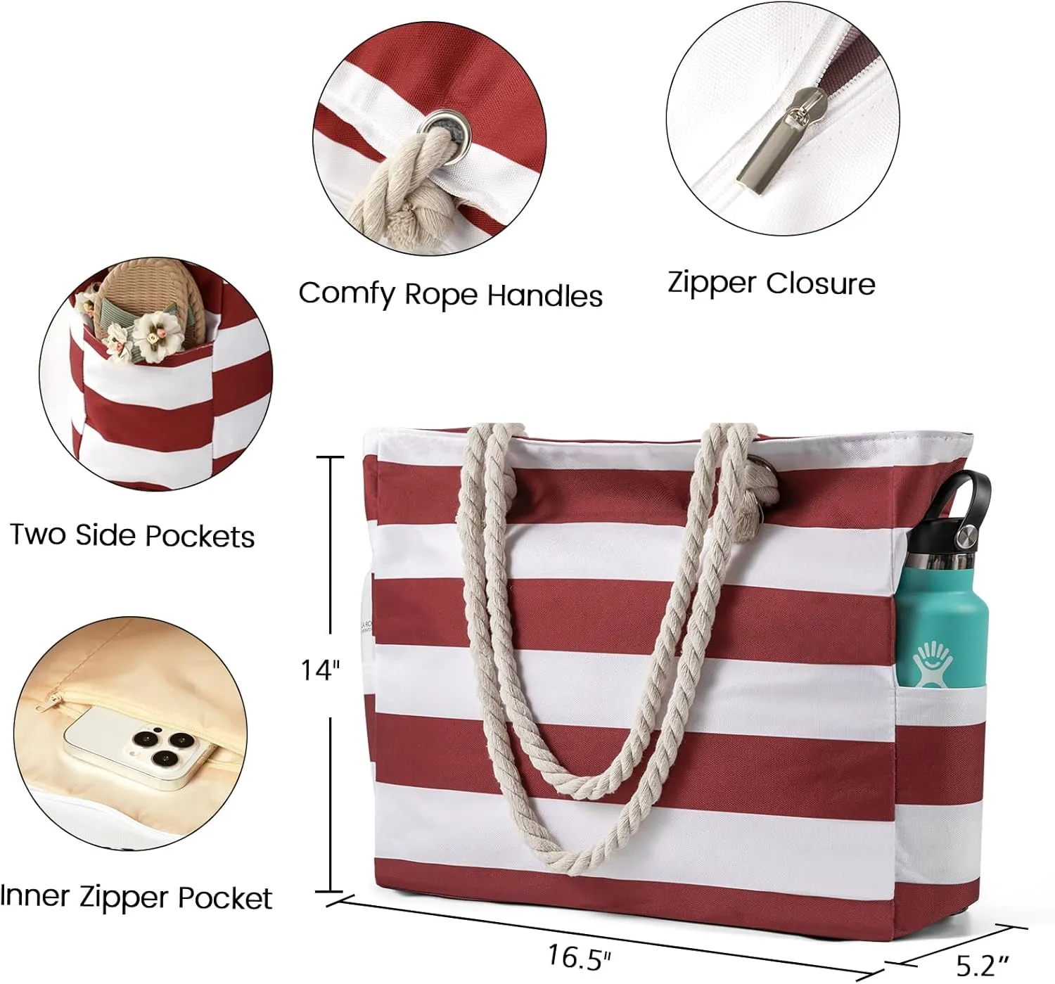 Clothirily Beach Bag for Women - Large Beach Tote Bag, Waterproof Sandproof Beach Bag with Zipper, Large Swim Pool Beach Tote