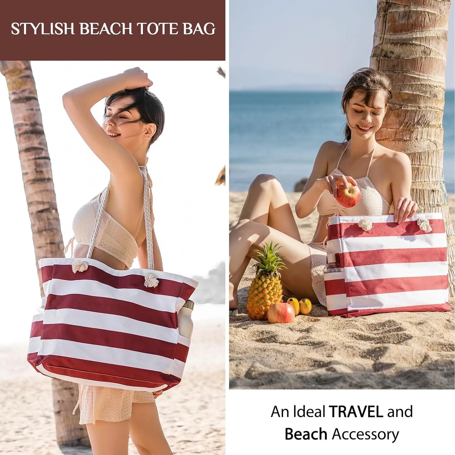 Clothirily Beach Bag for Women - Large Beach Tote Bag, Waterproof Sandproof Beach Bag with Zipper, Large Swim Pool Beach Tote