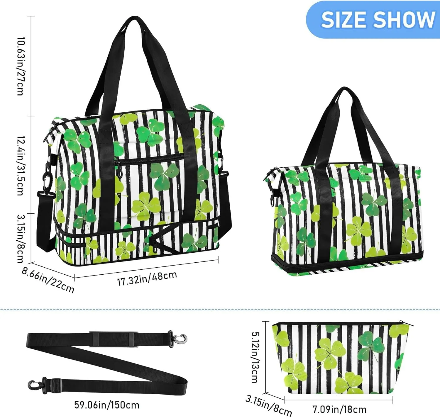 Clover Leaf Black Lines Overnight Bag for Men Expandable Track Shoe Bag, Carry on Tote Bag with Dry and Wet Separation