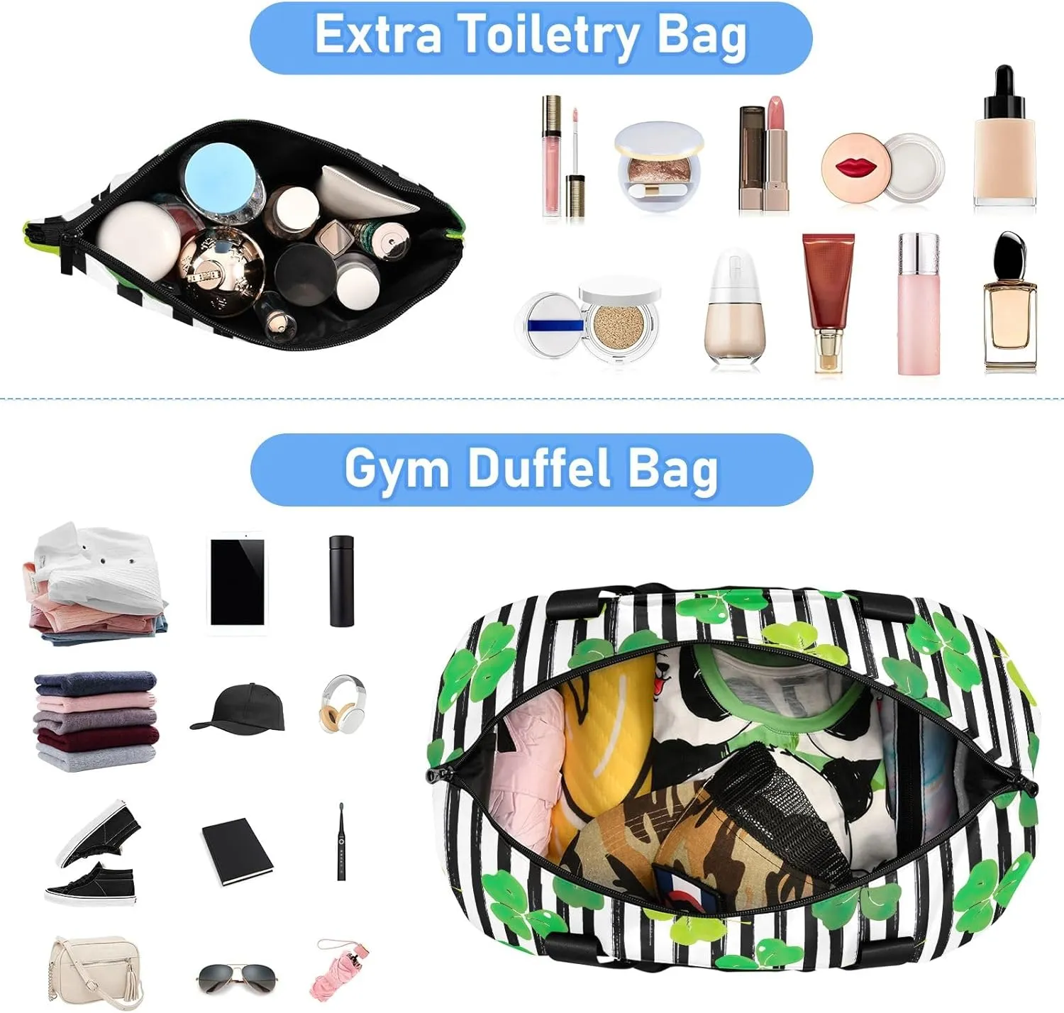 Clover Leaf Black Lines Overnight Bag for Men Expandable Track Shoe Bag, Carry on Tote Bag with Dry and Wet Separation