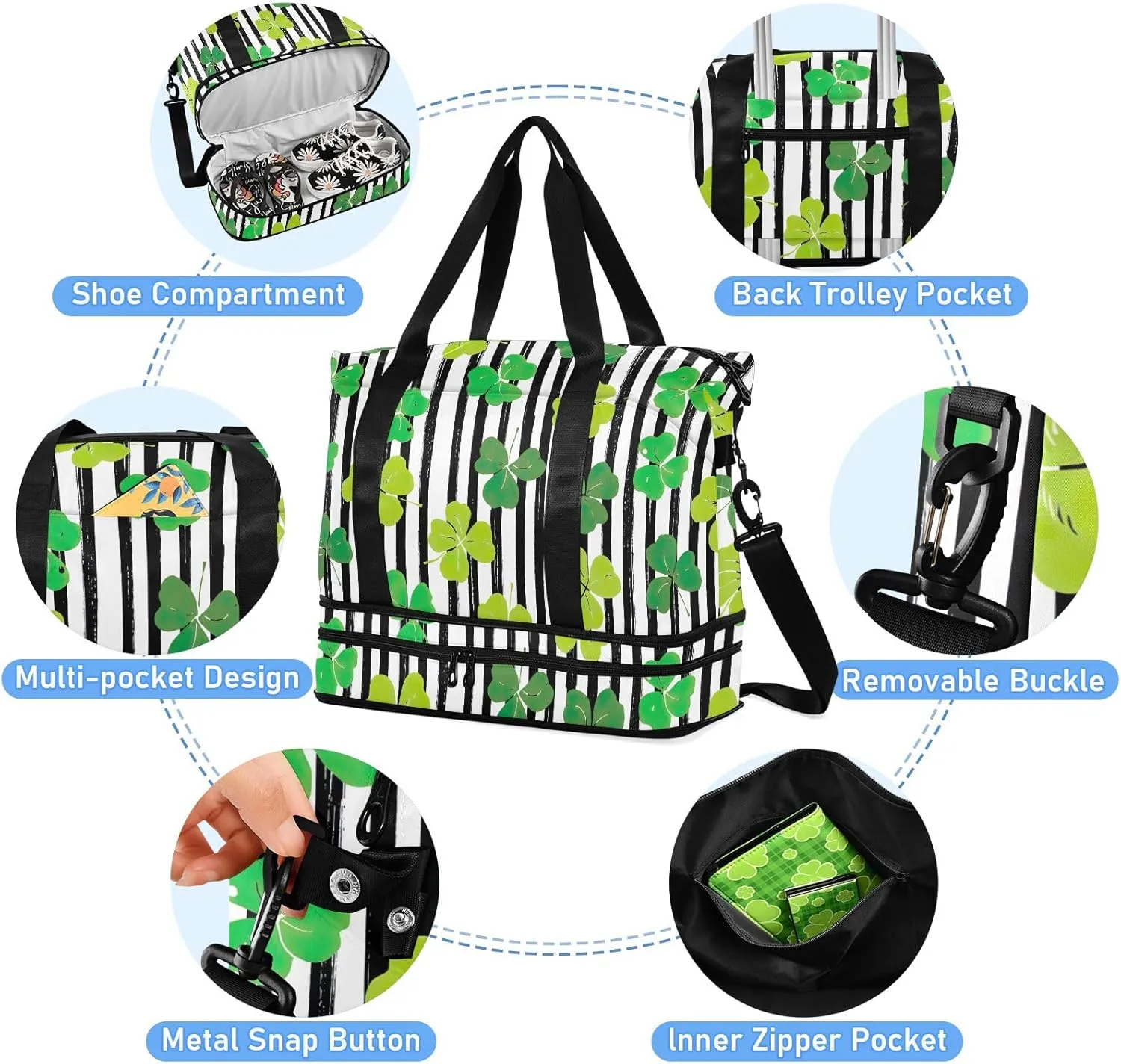 Clover Leaf Black Lines Overnight Bag for Men Expandable Track Shoe Bag, Carry on Tote Bag with Dry and Wet Separation