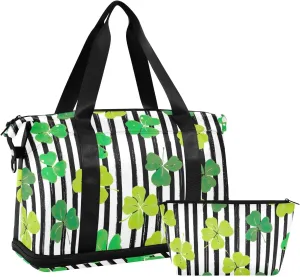 Clover Leaf Black Lines Overnight Bag for Men Expandable Track Shoe Bag, Carry on Tote Bag with Dry and Wet Separation